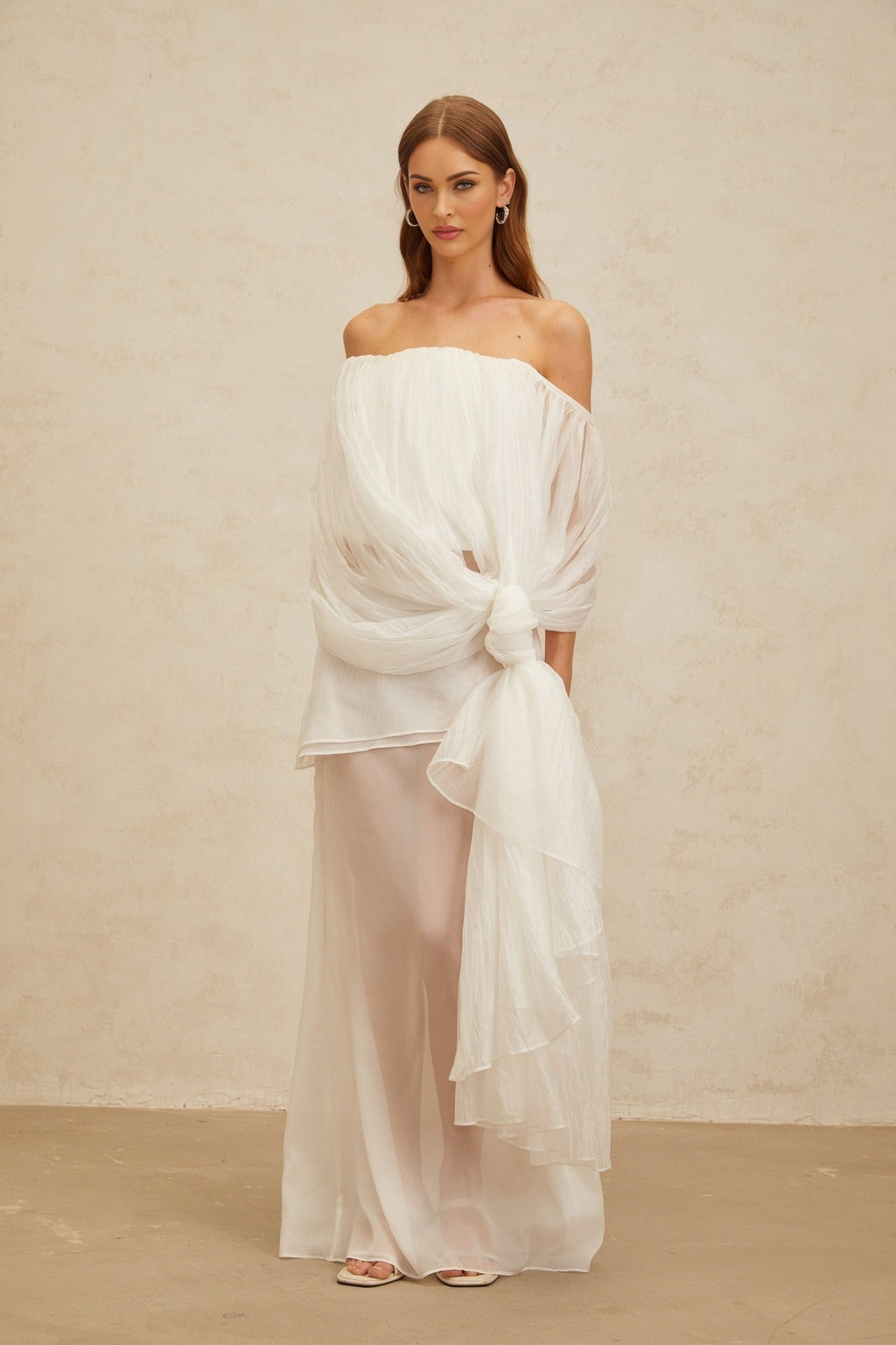 Off Shoulder Top & High Rise Skirt - Tulle Fabric - Semi - Sheer - Shirred Effect - Draped Detailing