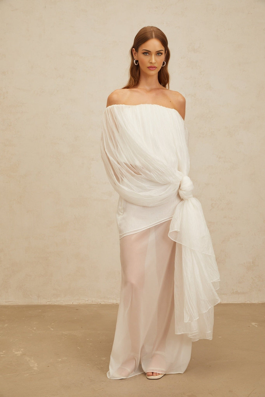 Off Shoulder Top & High Rise Skirt - Tulle Fabric - Semi - Sheer - Shirred Effect - Draped Detailing