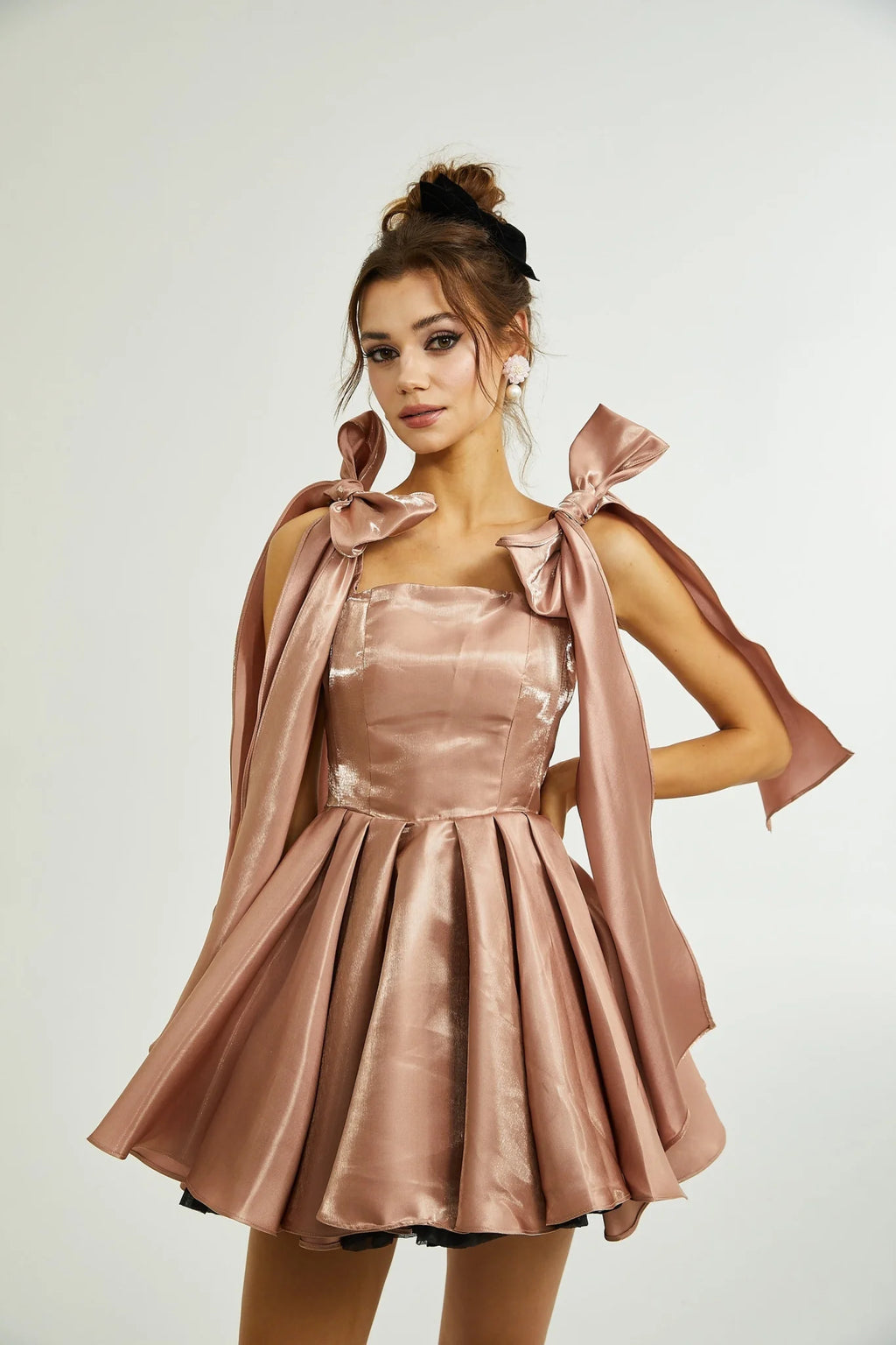 Olga Dress Brown Bow Detail Flare Mini