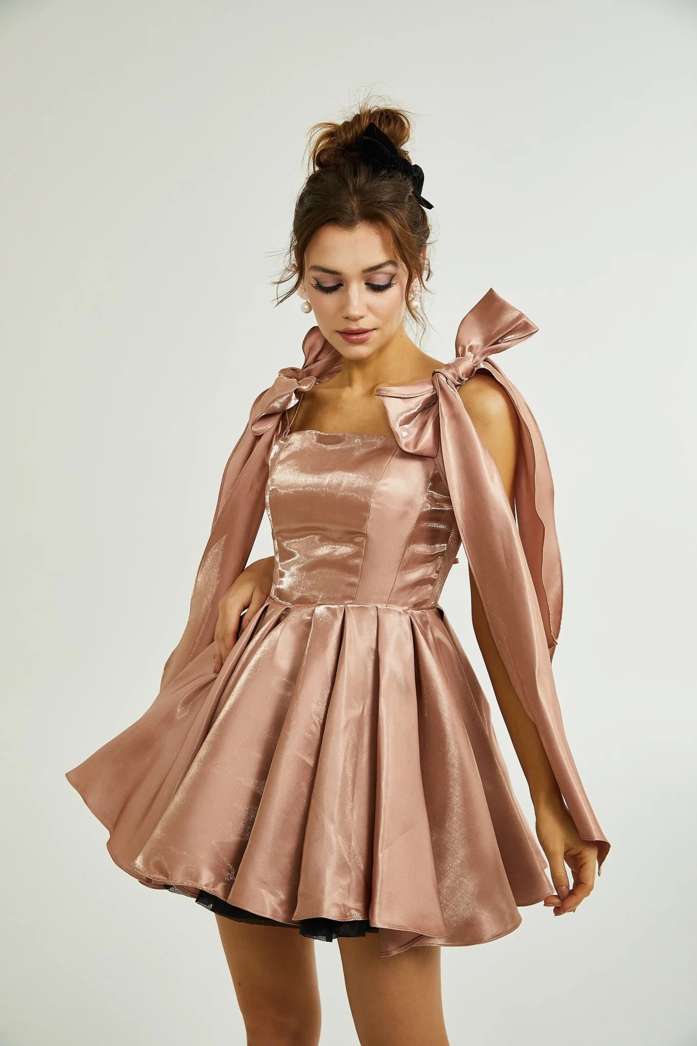 Olga Dress Brown Bow Detail Flare Mini