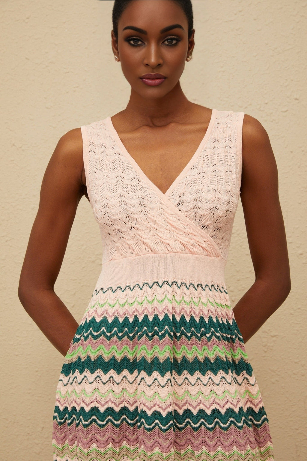 Olga Mini Dress - V - Neck - Sleeveless - Cinched Waist - Crochet Knit - Scallop Hem