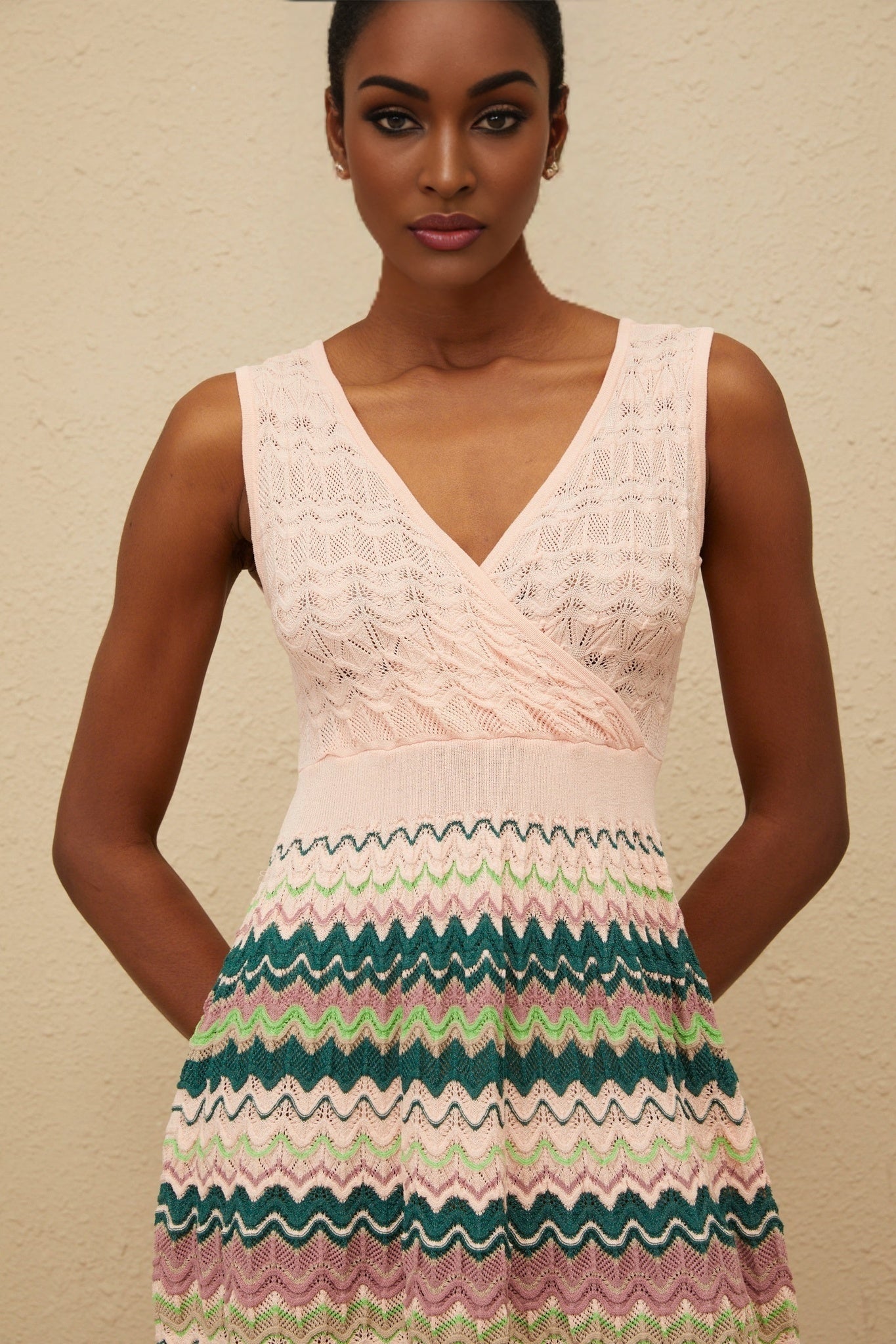 Olga Mini Dress - V - Neck - Sleeveless - Cinched Waist - Crochet Knit - Scallop Hem