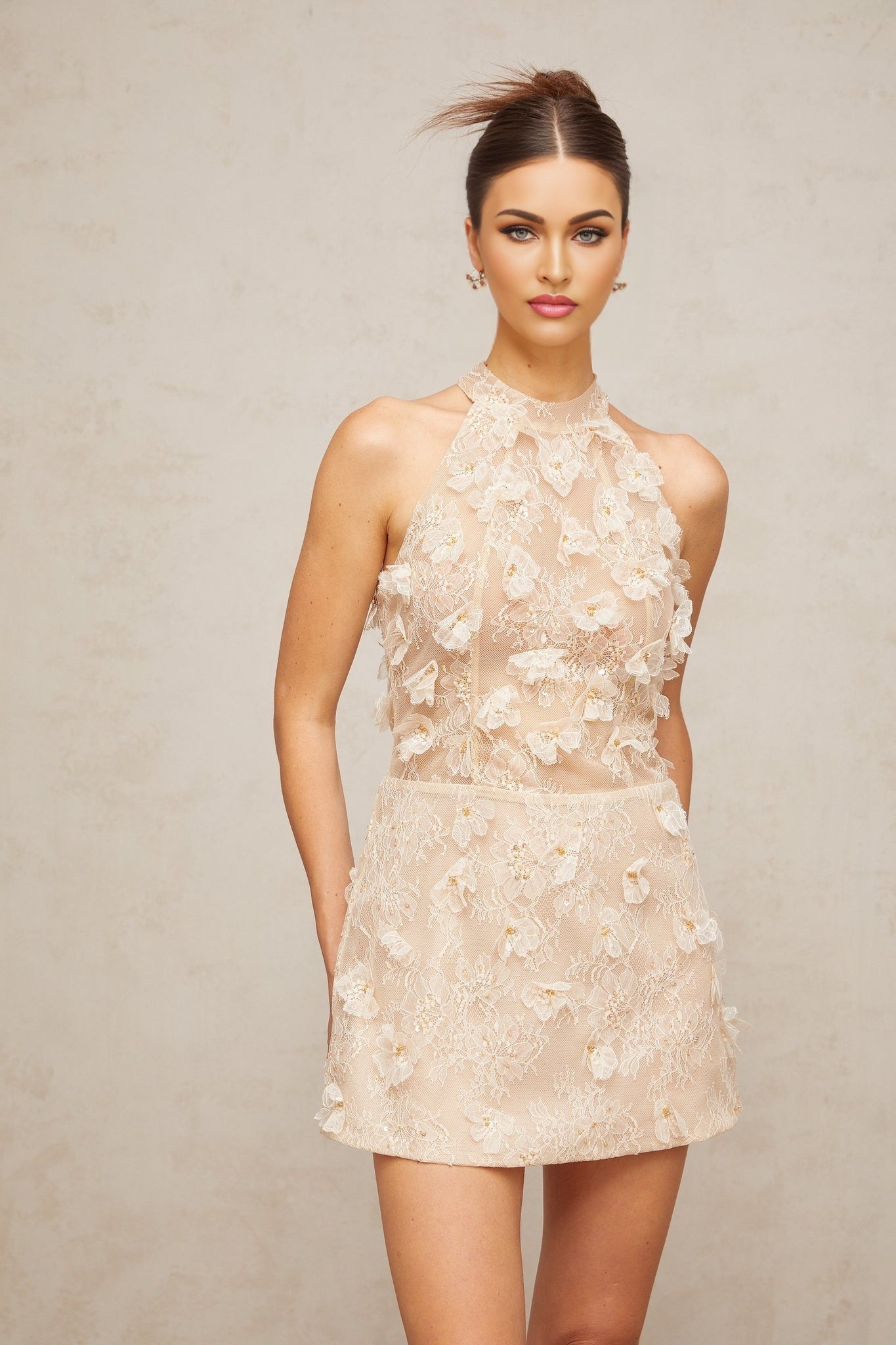 Olivia Floral Mini Dress with Lace Overlay and Bead Embellishment