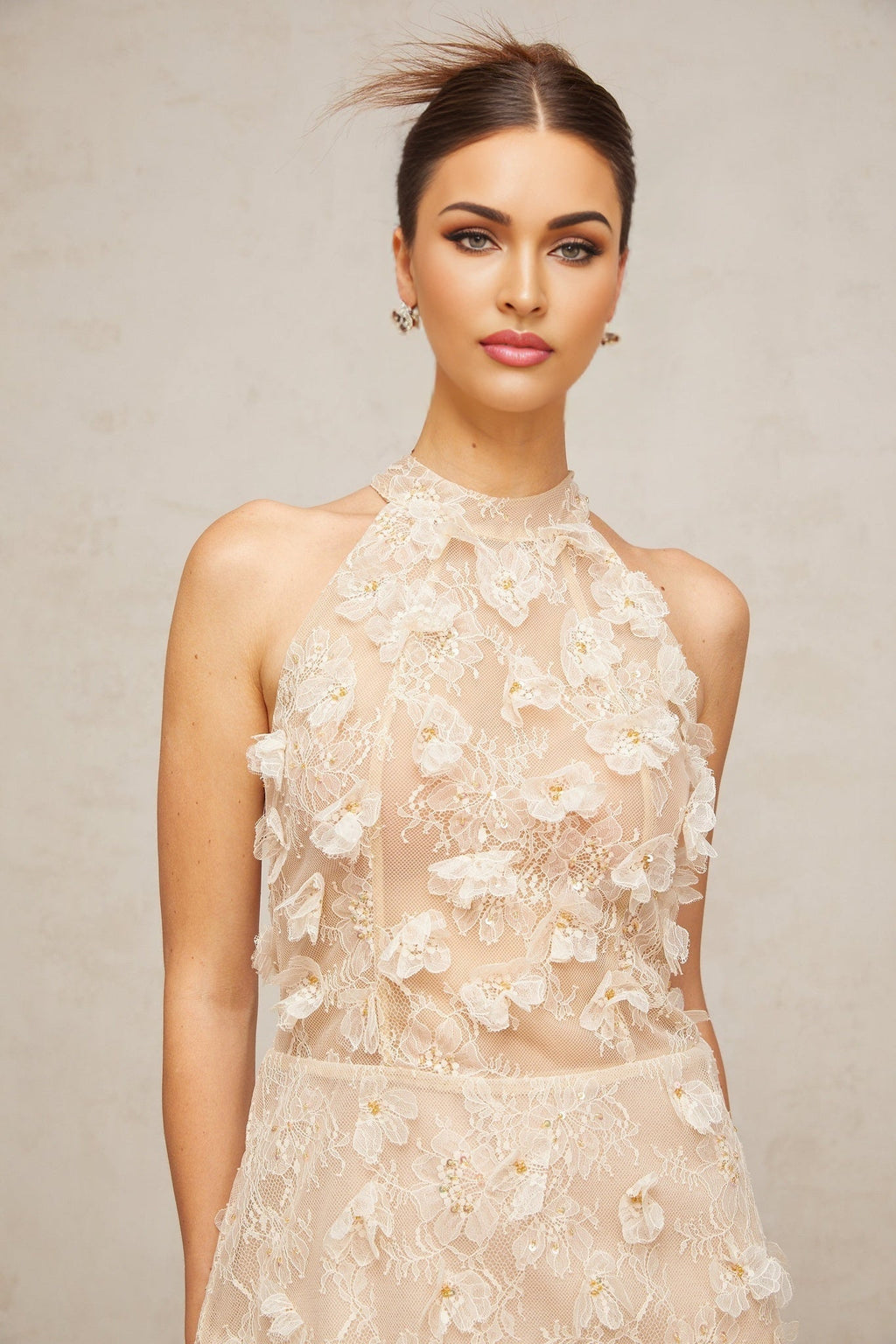 Olivia Floral Mini Dress with Lace Overlay and Bead Embellishment