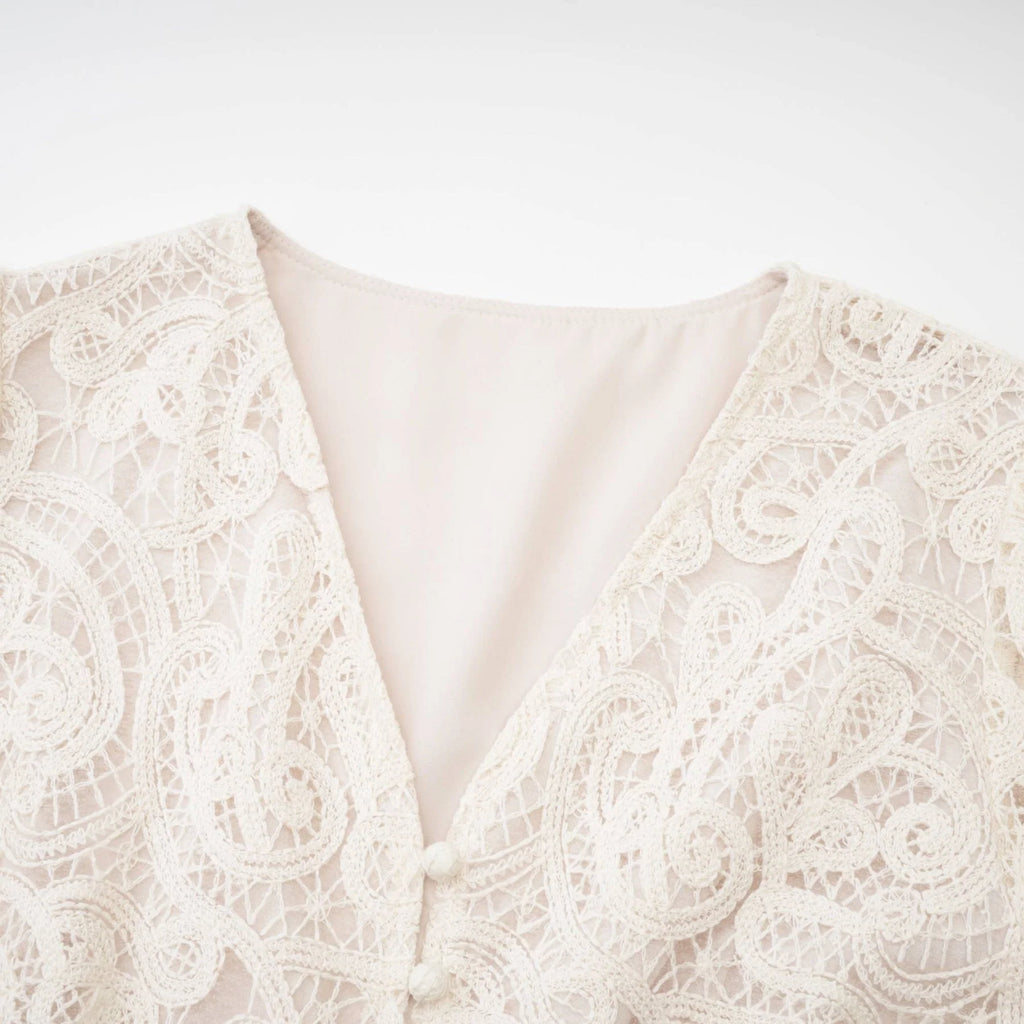 Olivia Long Sleeved Dress White Lace Pierced Effect V - Neck