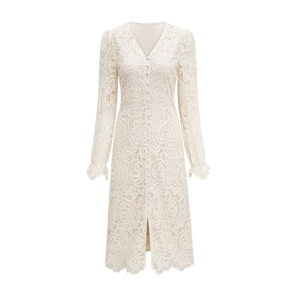 Olivia Long Sleeved Dress White Lace Pierced Effect V - Neck