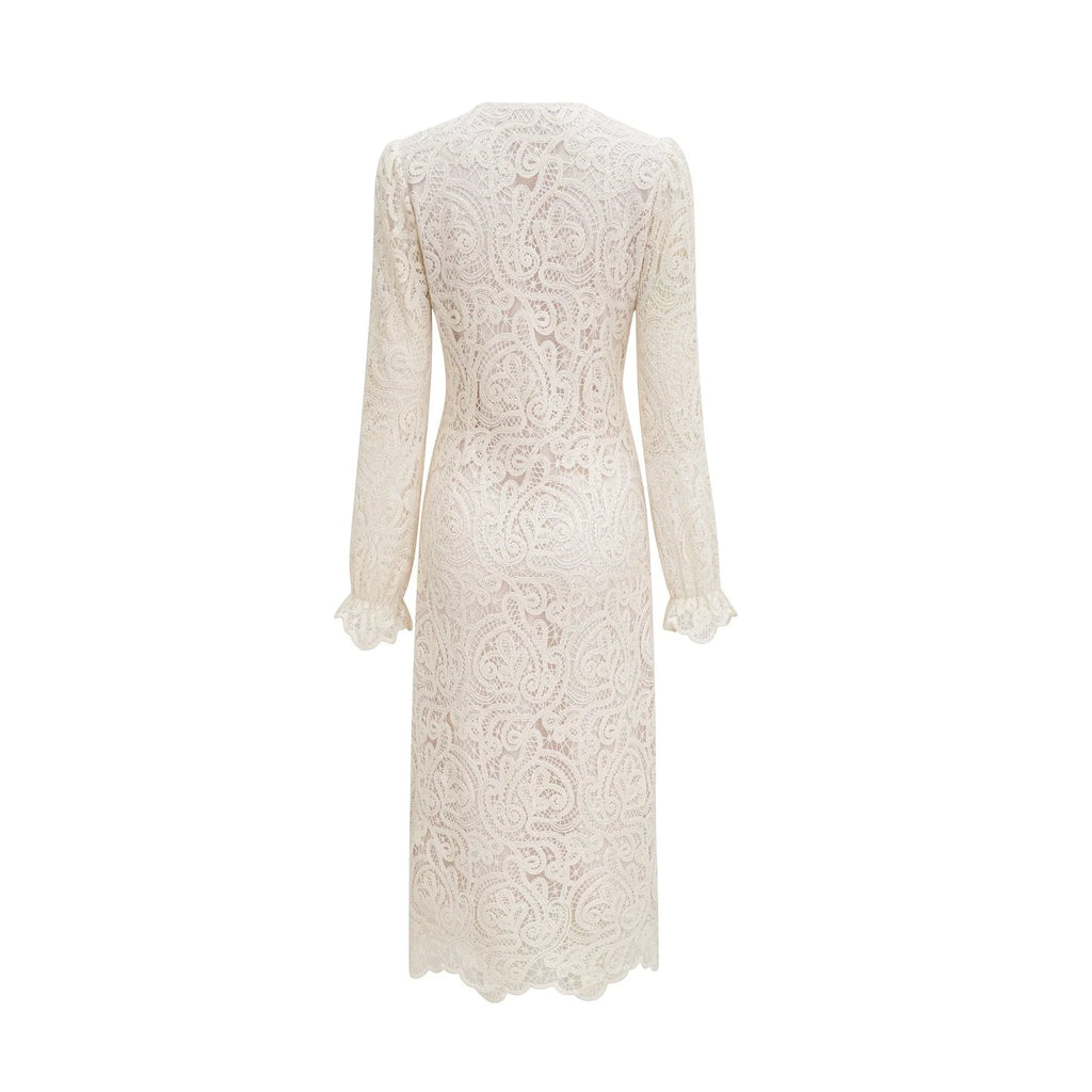 Olivia Long Sleeved Dress White Lace Pierced Effect V - Neck