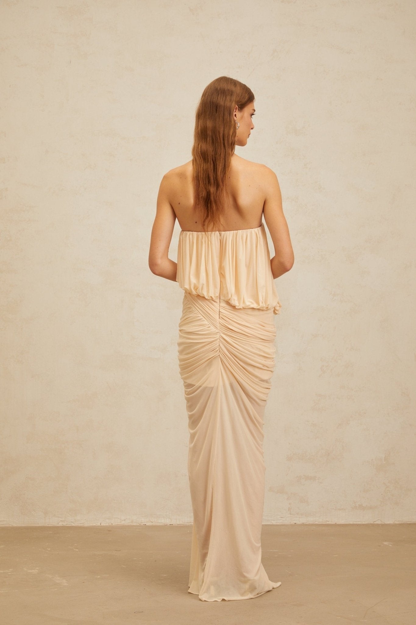 Olivia Maxi Dress - Off the Shoulder - Sleeveless - U - Neckline - Ruched Ribbon Design