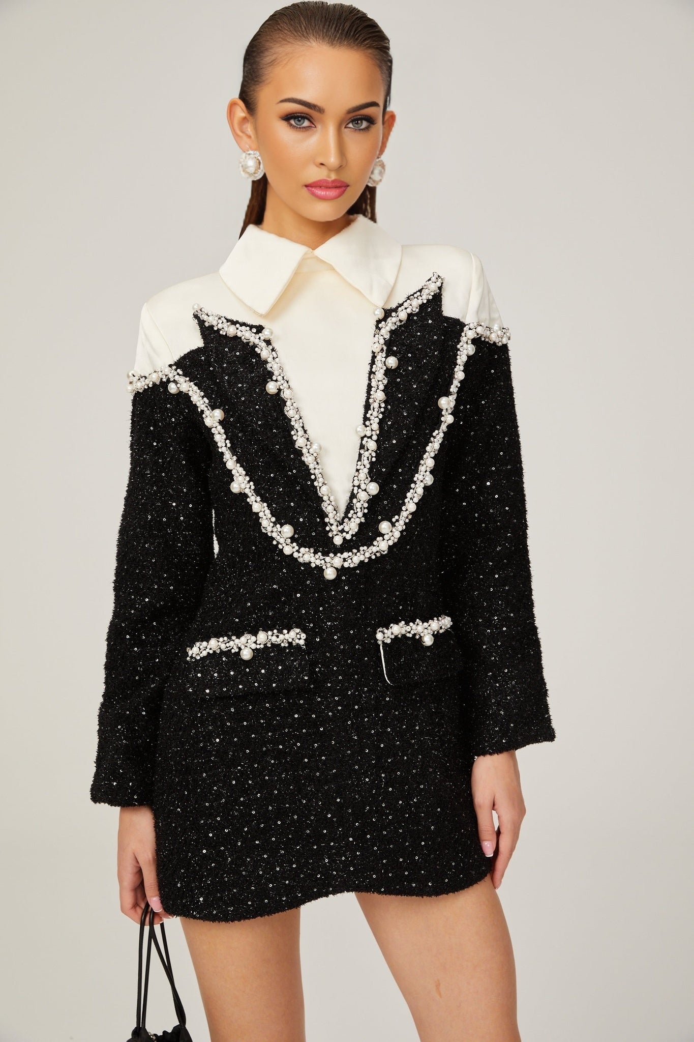 Olivia Mini Dress Monochrome Tweed Pearls