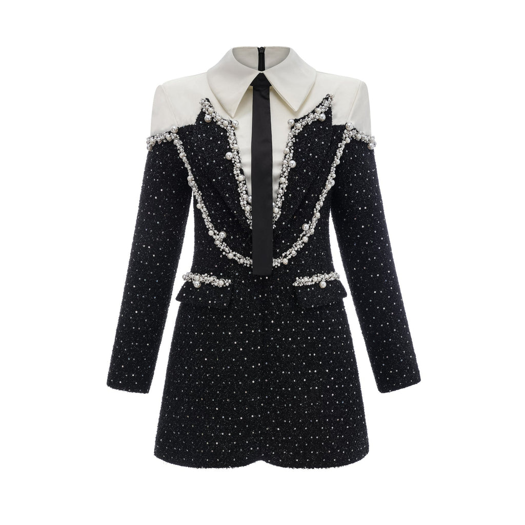 Olivia Mini Dress Monochrome Tweed Pearls