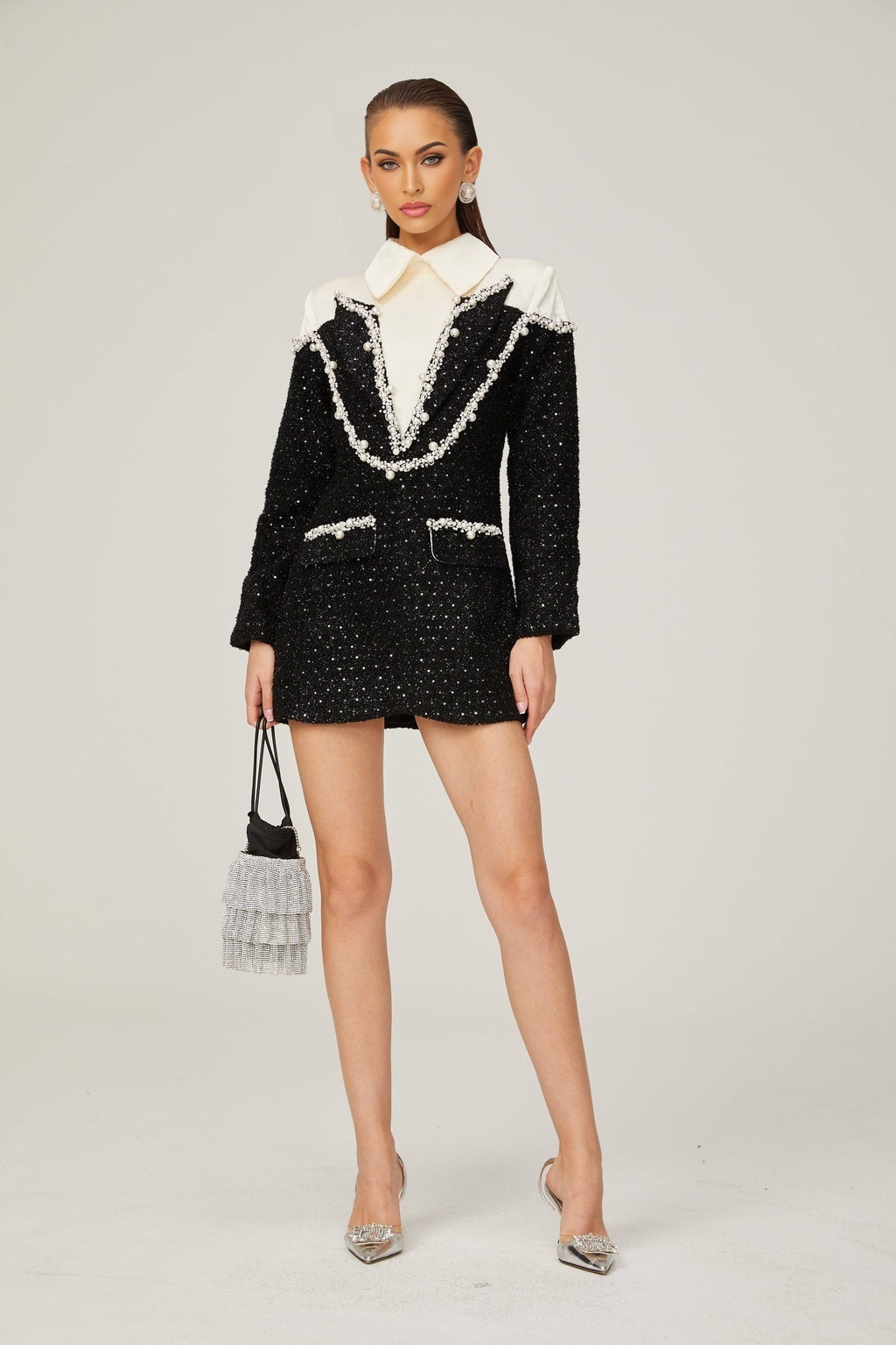 Olivia Mini Dress Monochrome Tweed Pearls