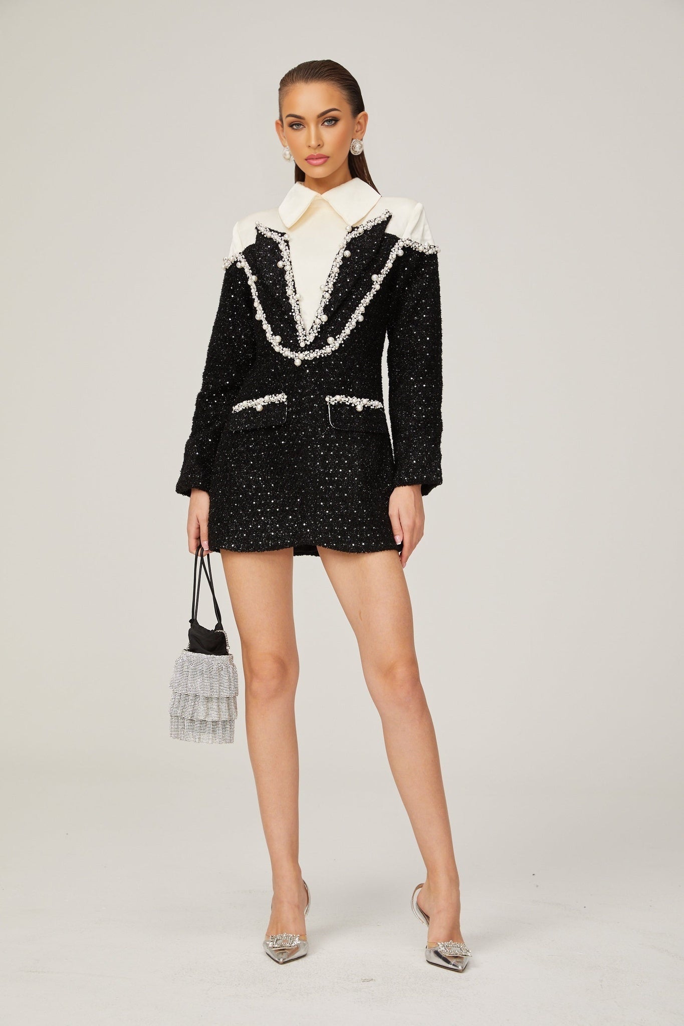 Olivia Mini Dress Monochrome Tweed Pearls