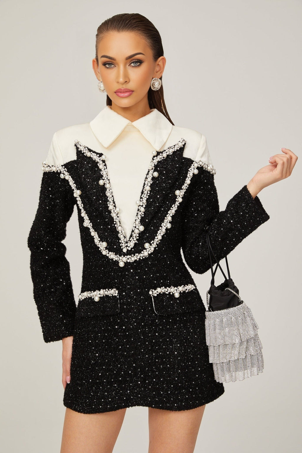 Olivia Mini Dress Monochrome Tweed Pearls