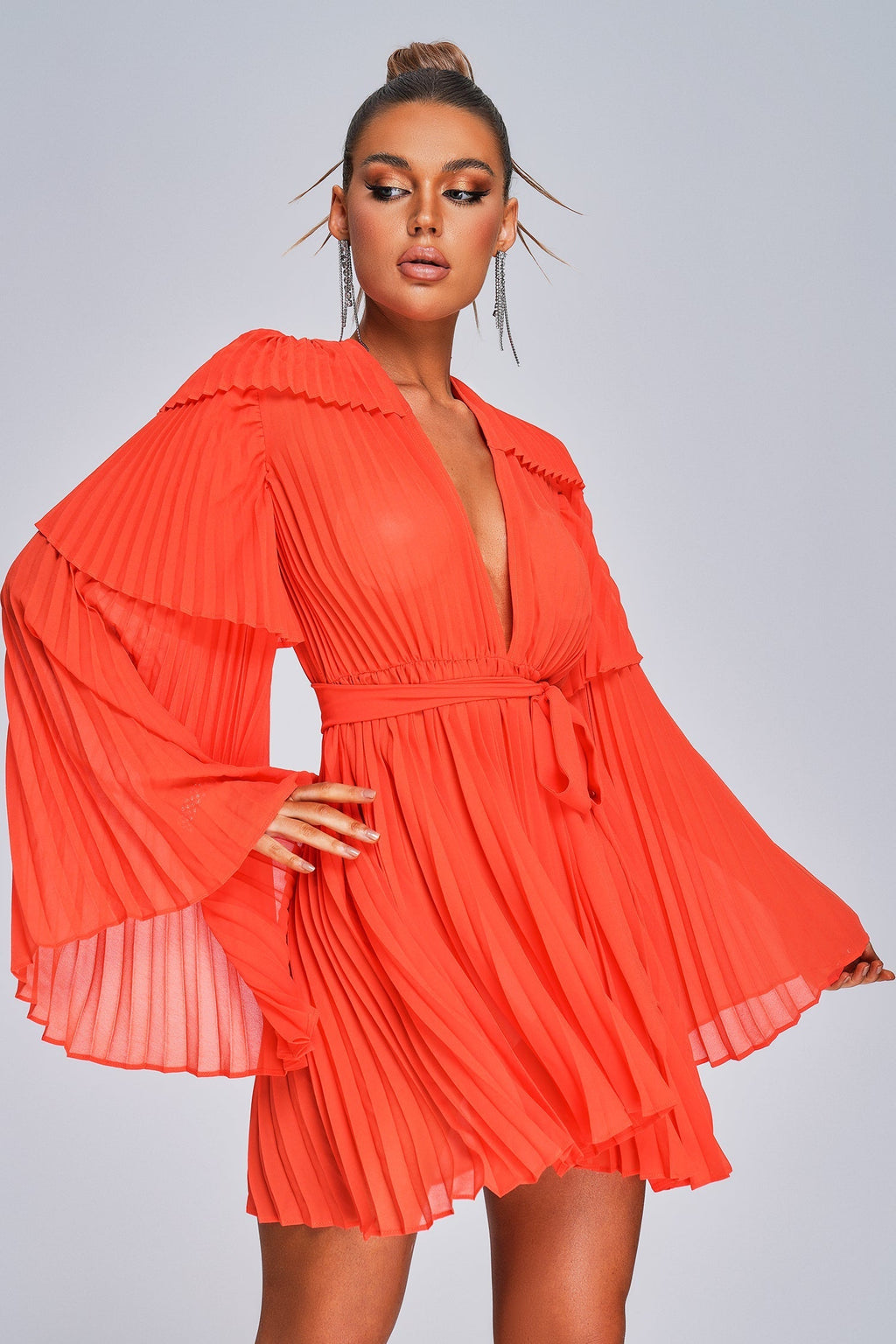 Orange Lizew Pleated Mini Dress with deep V-neckline and bell sleeves