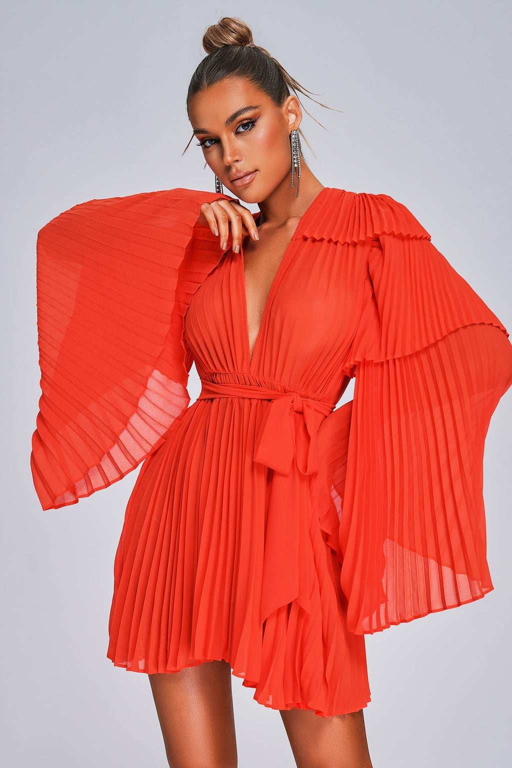 Orange Lizew Pleated Mini Dress with Deep V-Neckline and Bell Sleeves