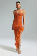 Orange Manik Feather Skew Hem Bandage Dress for special occasions