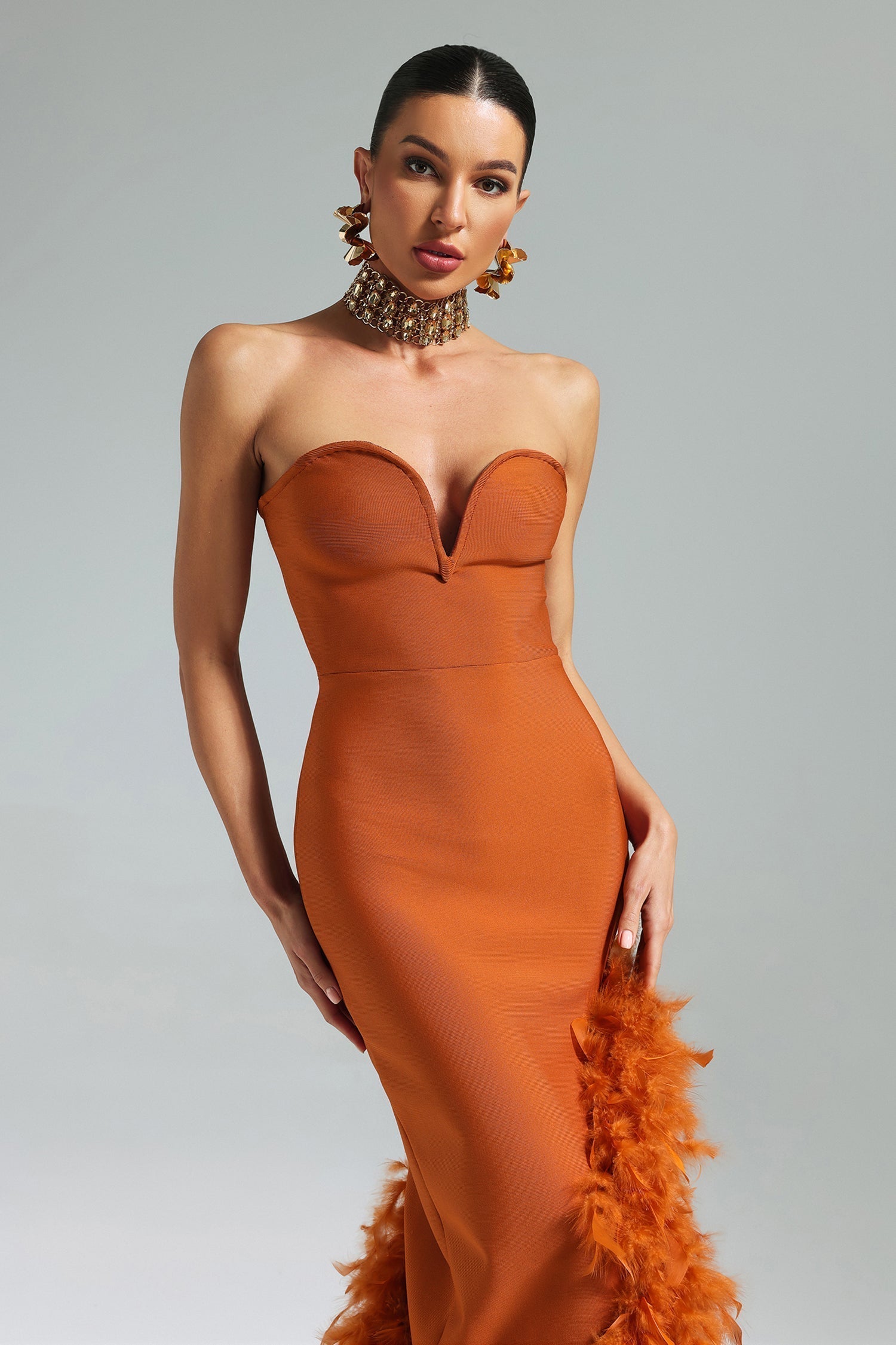 Orange Manik Feather Skew Hem Bandage Dress for special occasions