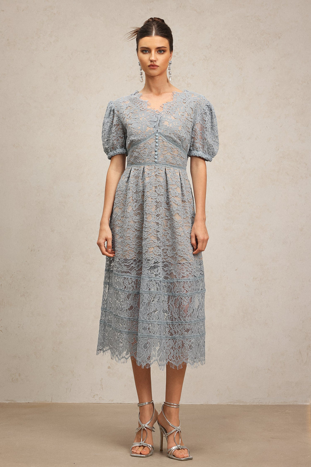 Ornella Blue Lace Dress with Short Puff Sleeves V-Neckline and Flower Detailing