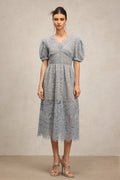 Ornella Blue Lace Dress with Short Puff Sleeves V-Neckline and Flower Detailing