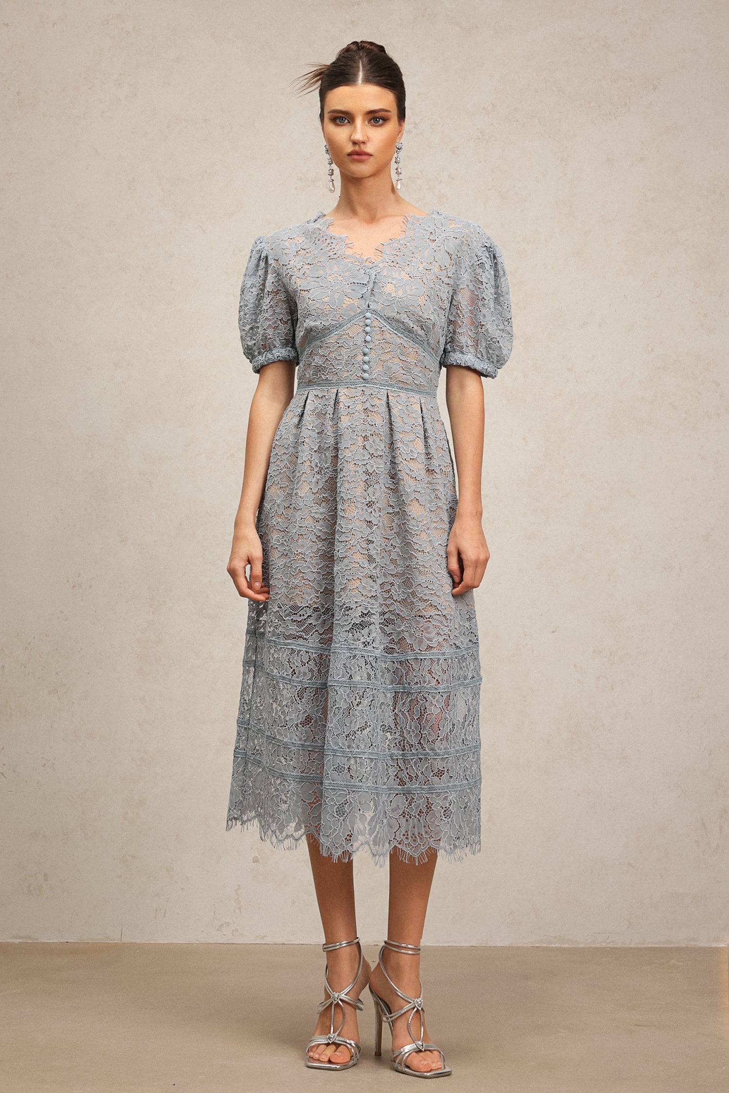 Ornella Blue Lace Dress with Short Puff Sleeves V-Neckline and Flower Detailing