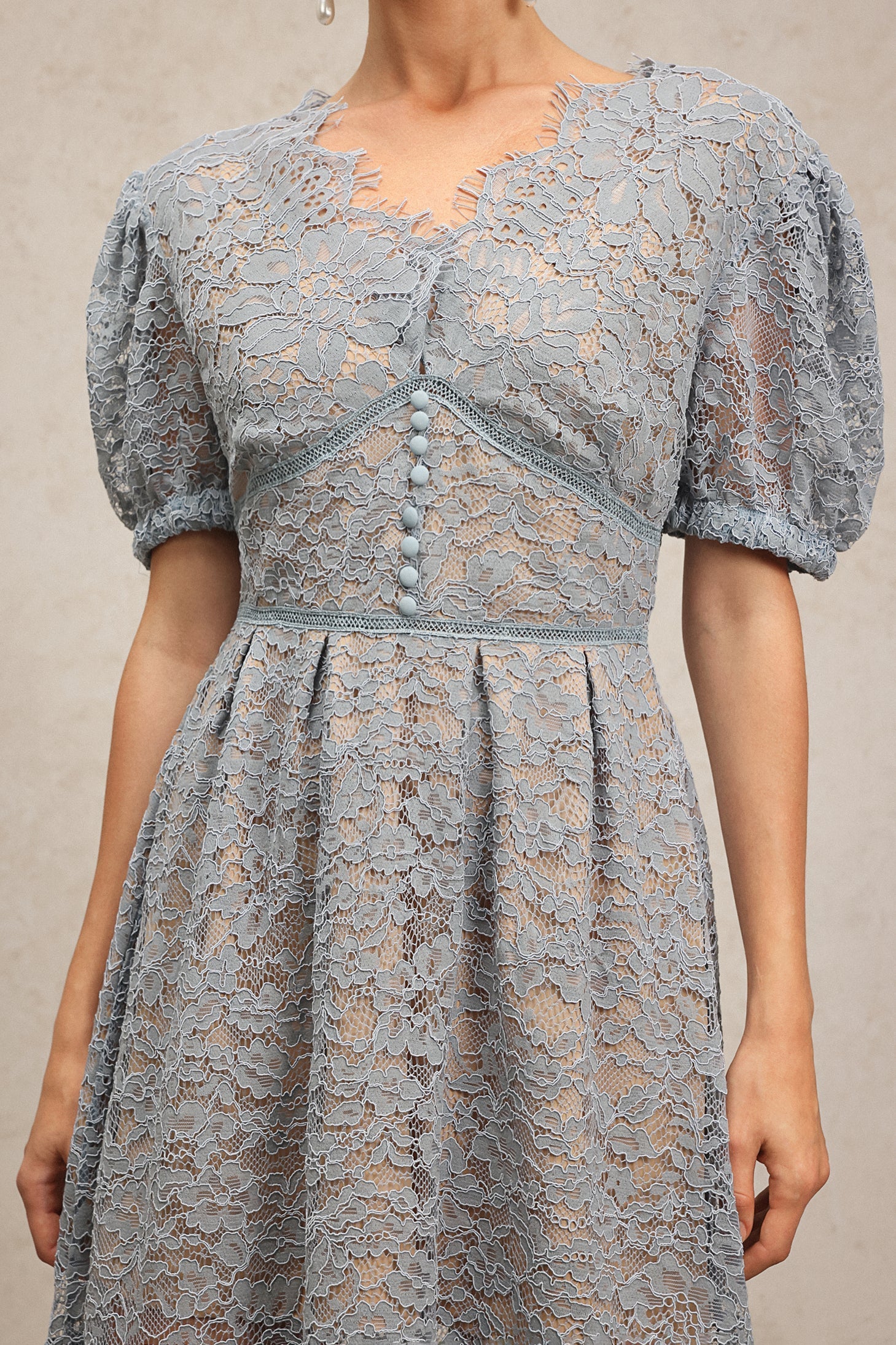 Ornella Blue Lace Dress with Short Puff Sleeves V-Neckline and Flower Detailing