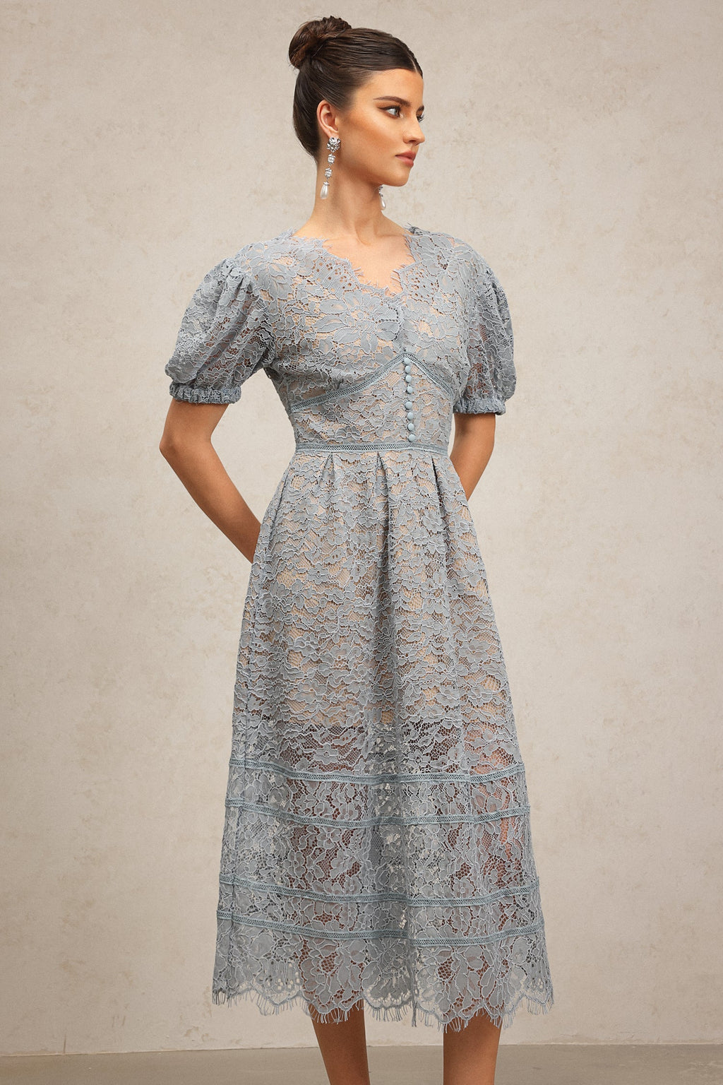 Ornella Blue Lace Dress Short Puff Sleeves V-Neckline Flower Detailing Sophisticated Playful
