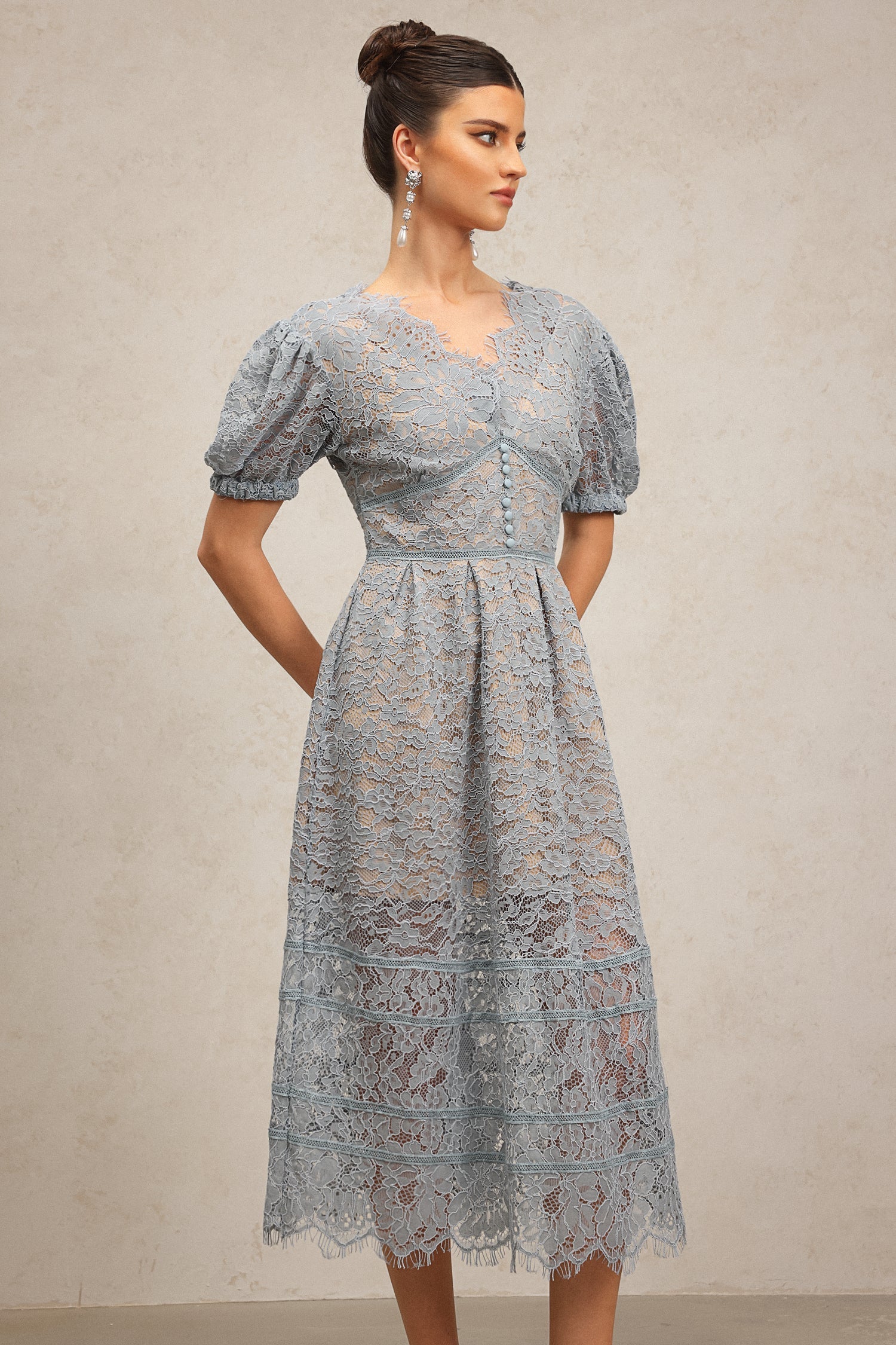 Ornella Blue Lace Dress Short Puff Sleeves V-Neckline Flower Detailing Sophisticated Playful