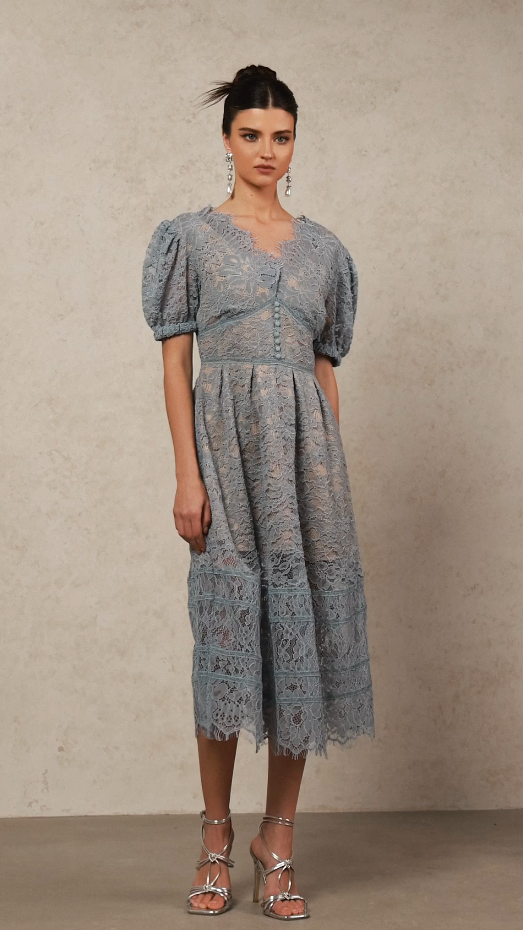Ornella Blue Lace Dress with Short Puff Sleeves V-Neckline and Flower Detailing