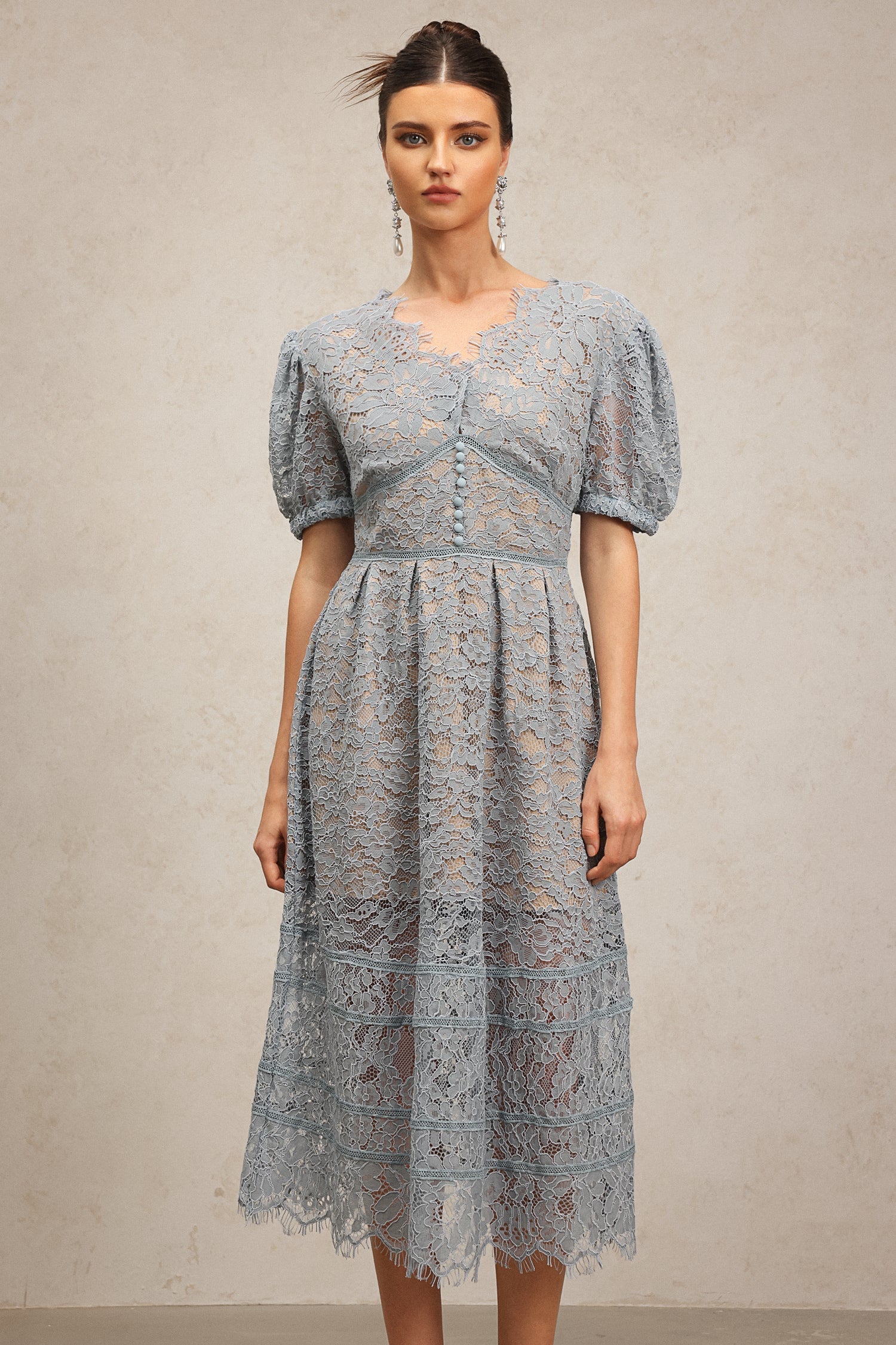 Ornella Blue Lace Dress with Short Puff Sleeves V-Neckline and Flower Detailing