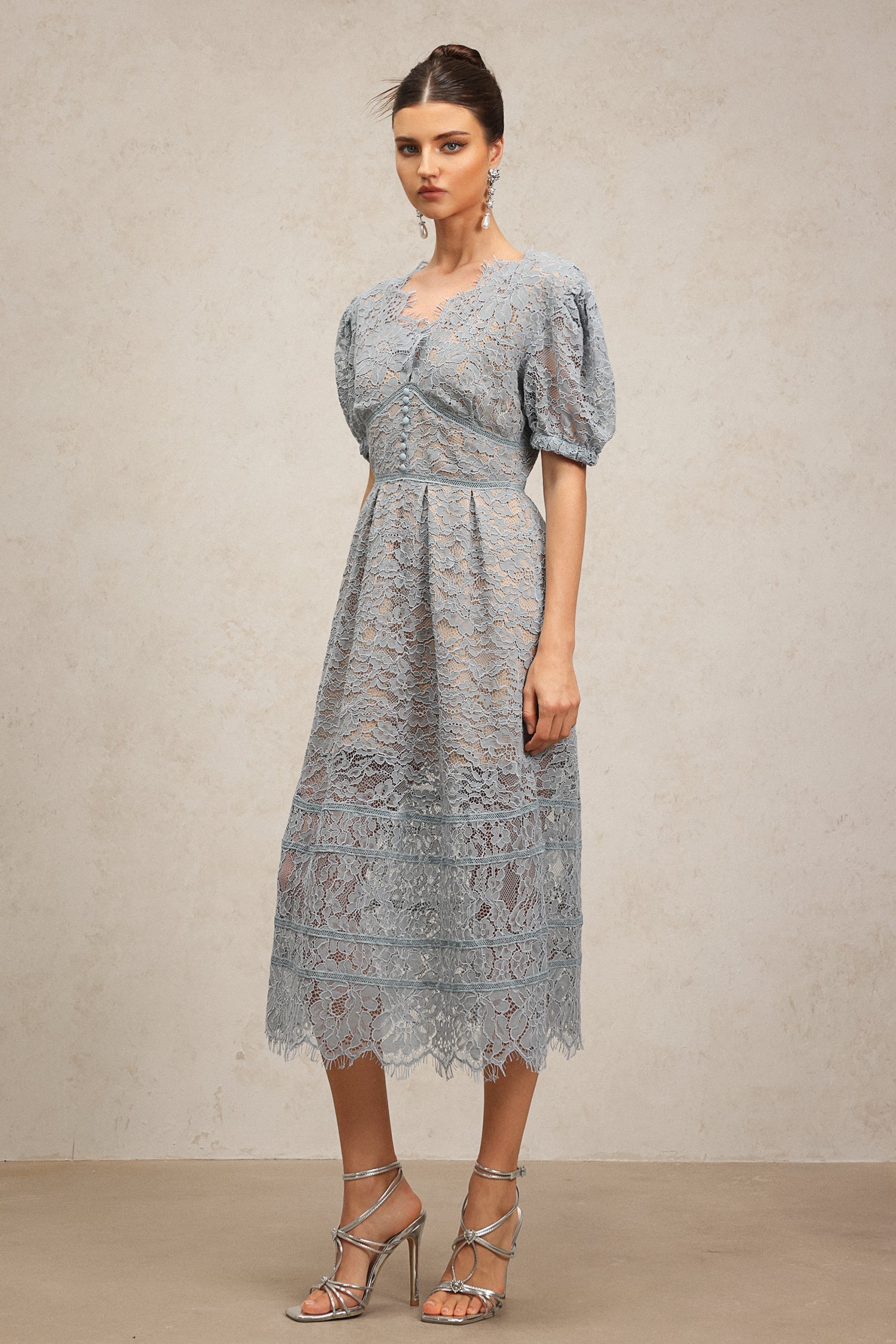 Ornella Blue Lace Midi Dress Short Puff Sleeves V-neckline Flower Detailing Sophisticated Playful