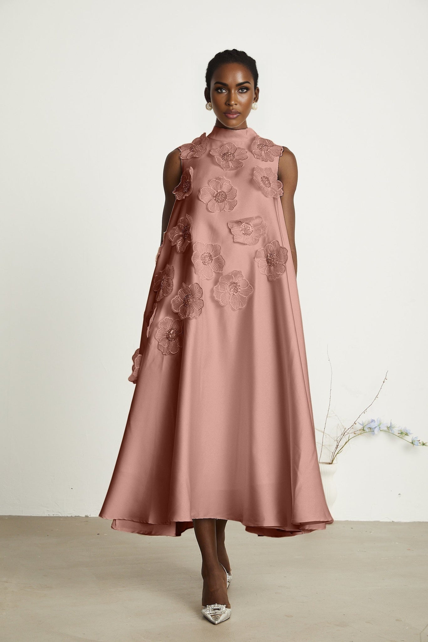Ornella Floral Midi Dress in Soft Pink with Bead Embellishment & Rear Zip