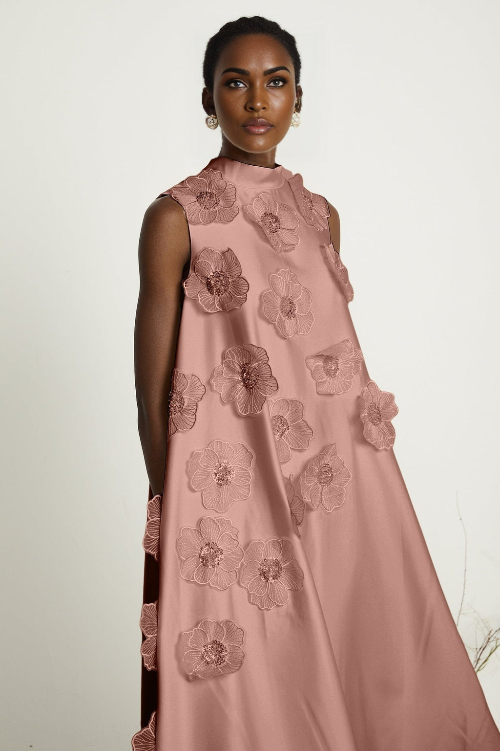 Ornella Floral Midi Dress in Soft Pink with Bead Embellishment & Rear Zip