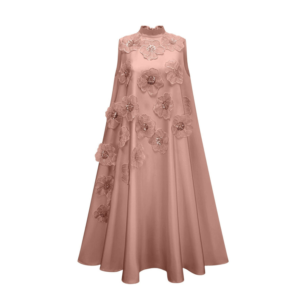 Ornella Floral Midi Dress in Soft Pink with Bead Embellishment & Rear Zip