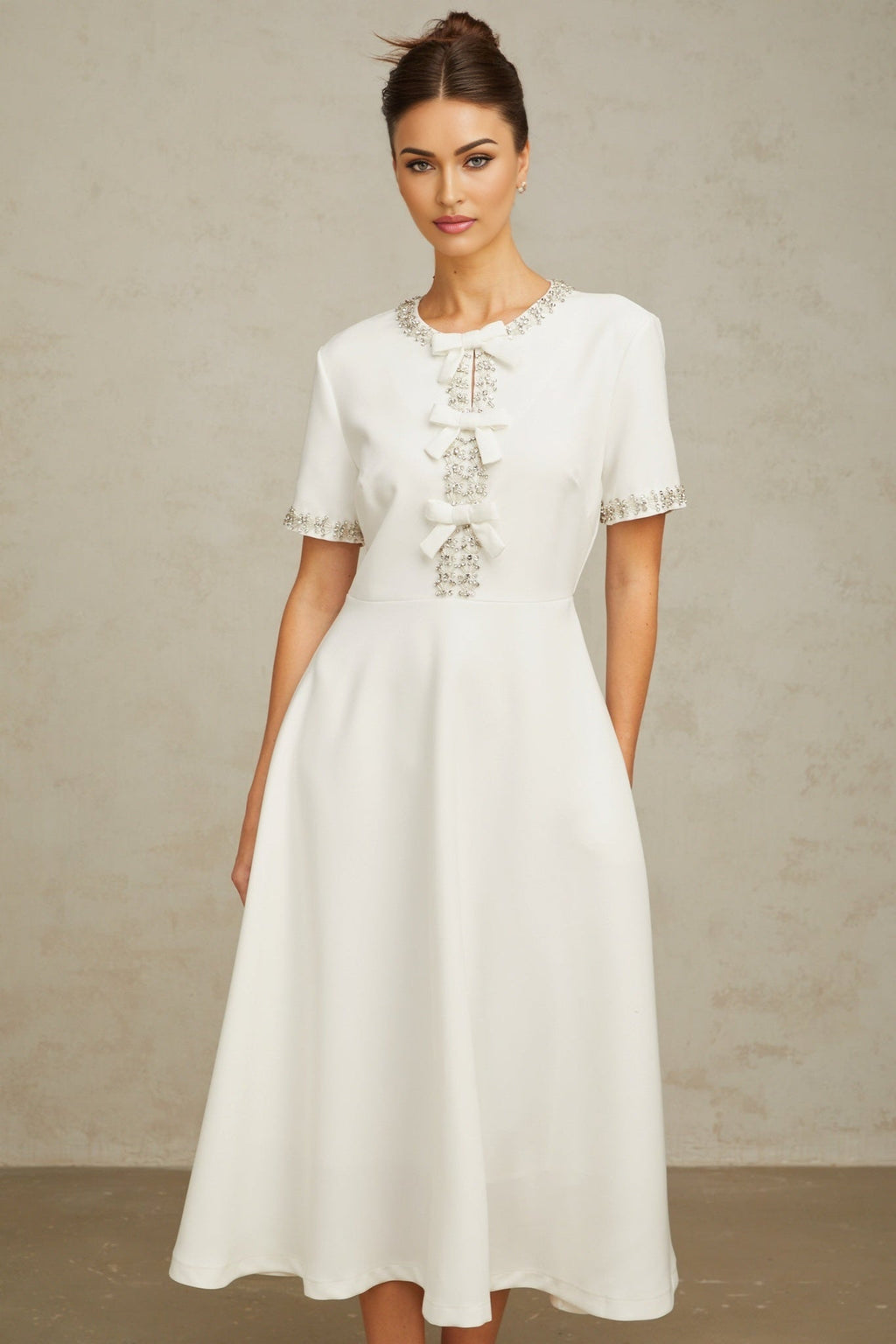 Ornella Midi Dress White Crystal Bow Flare Skirt