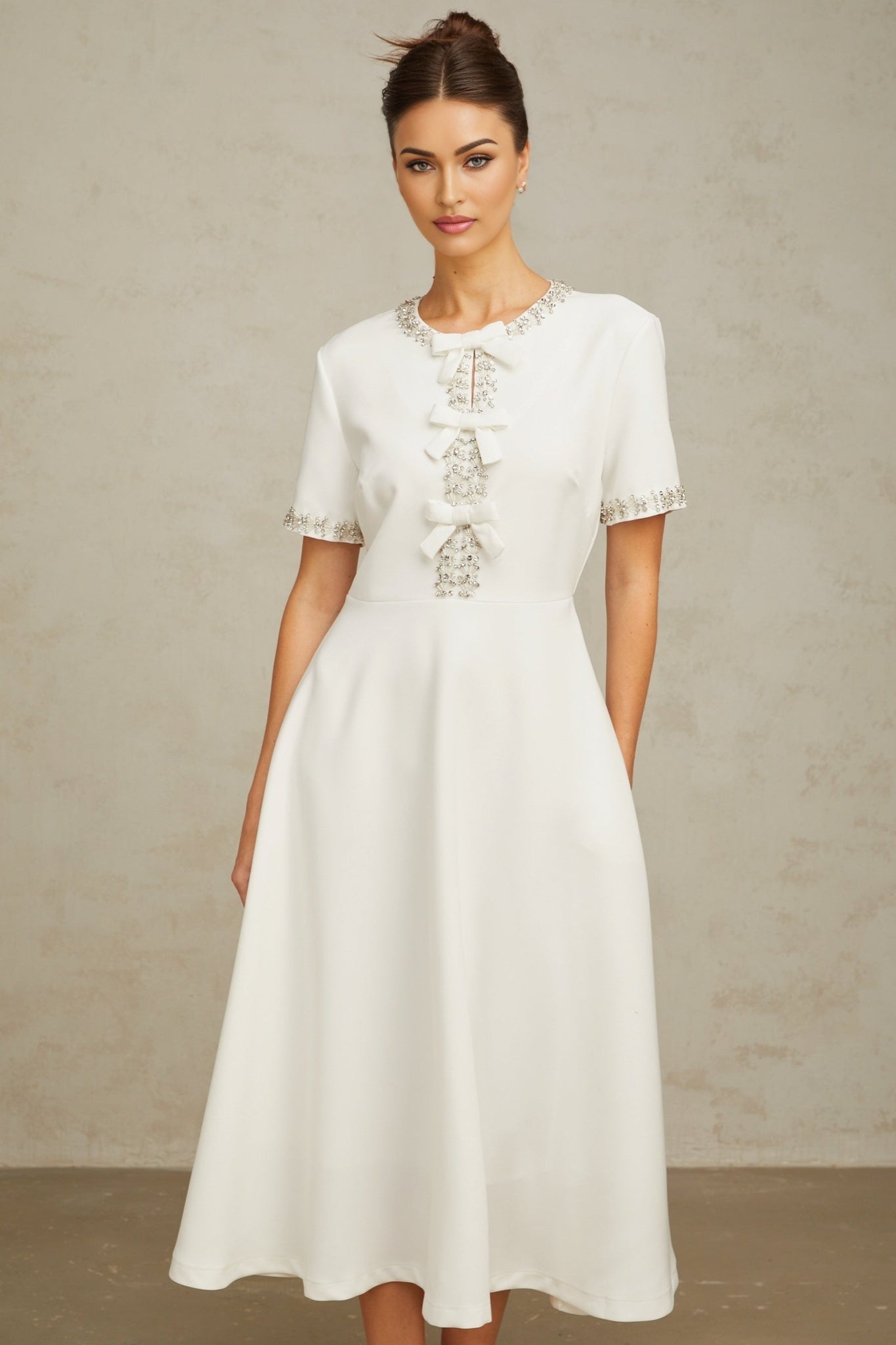 Ornella Midi Dress White Crystal Bow Flare Skirt