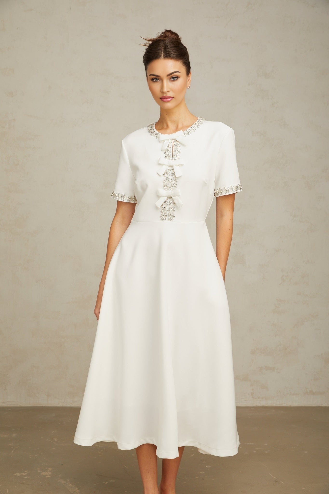 Ornella Midi Dress White Crystal Bow Flare Skirt