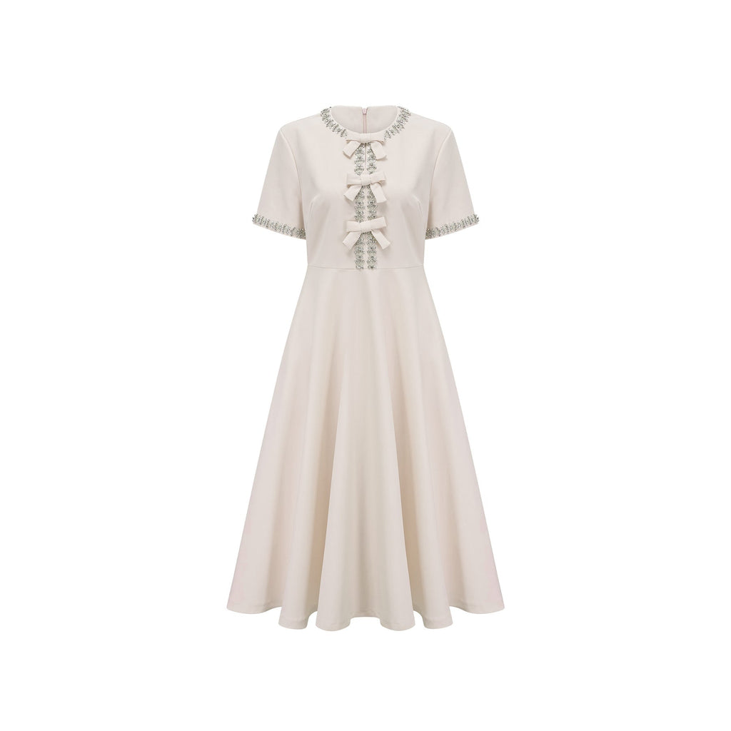 Ornella Midi Dress White Crystal Bow Flare Skirt