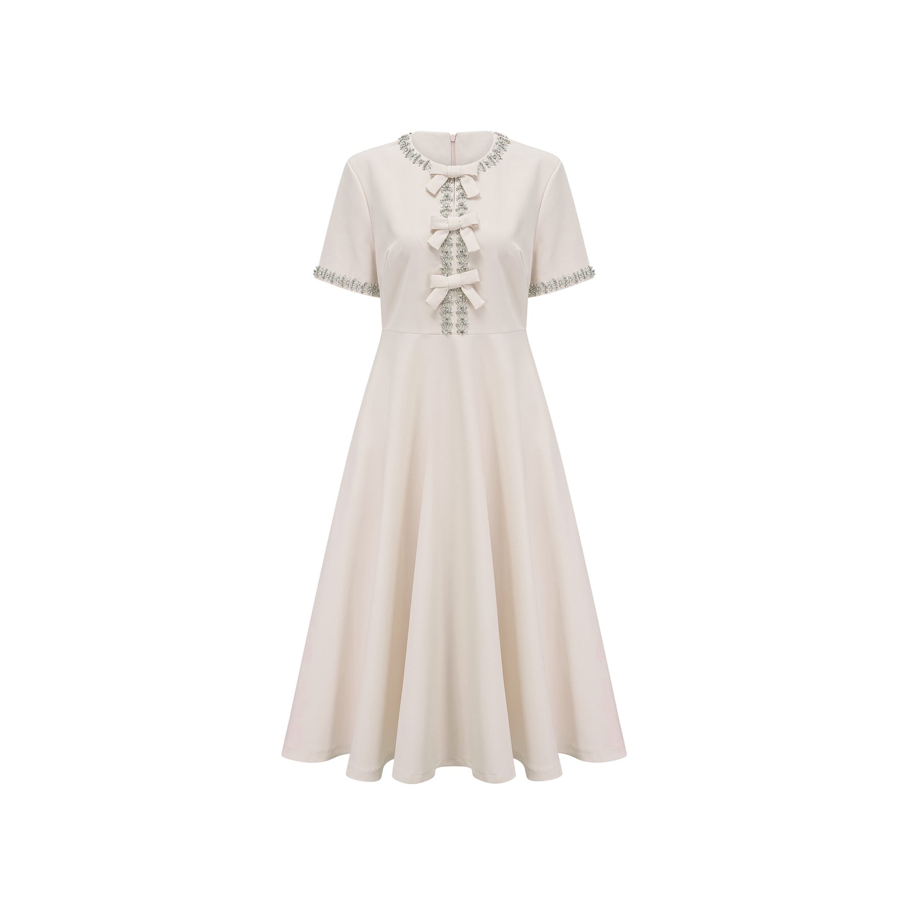 Ornella Midi Dress White Crystal Bow Flare Skirt