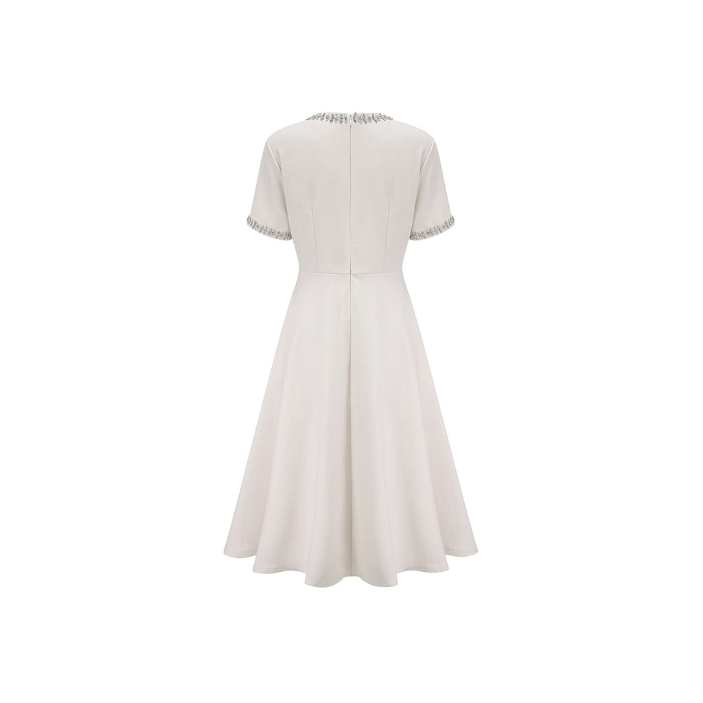 Ornella Midi Dress White Crystal Bow Flare Skirt