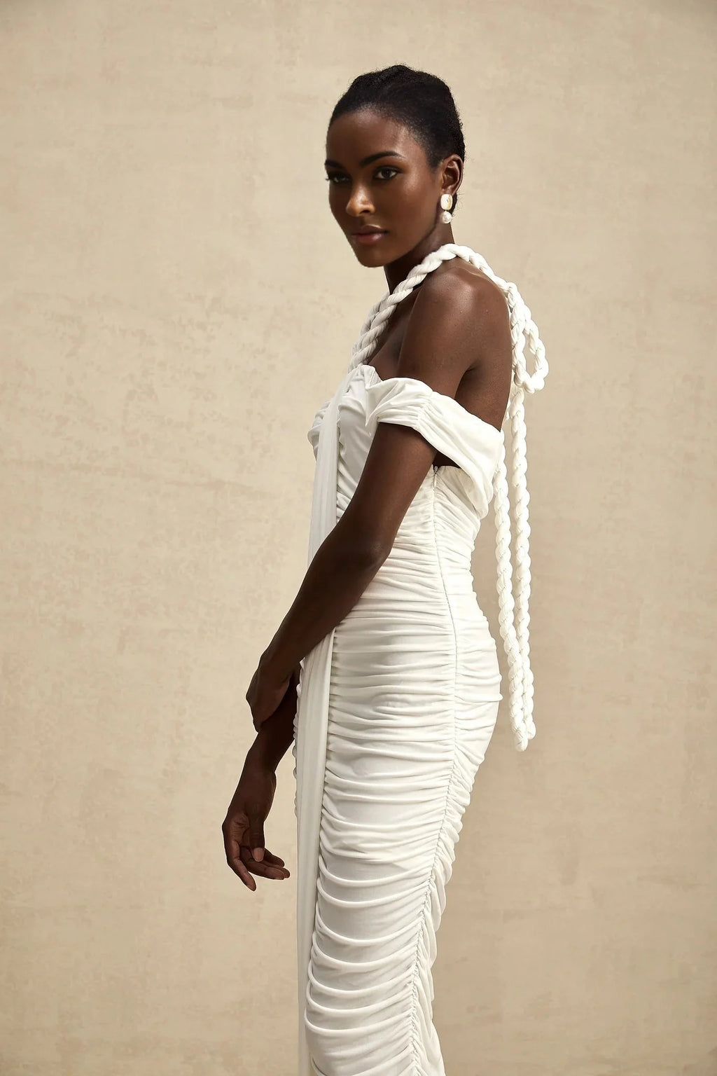 Ornella Midi Dress White Off - Shoulder Braid & Rope Detail