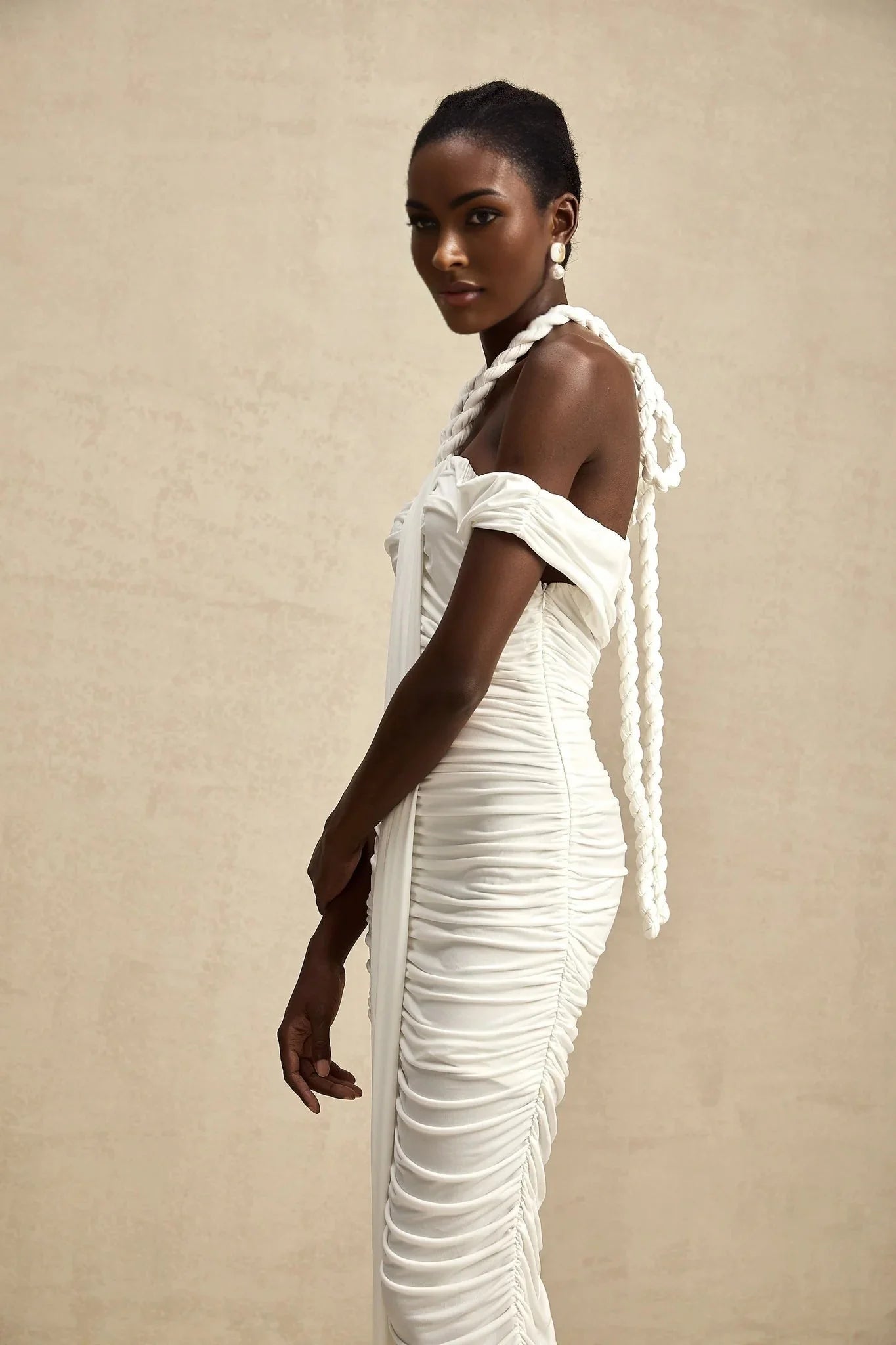 Ornella Midi Dress White Off - Shoulder Braid & Rope Detail