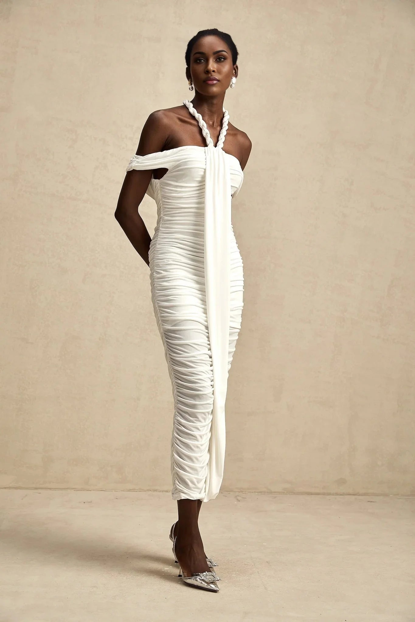 Ornella Midi Dress White Off - Shoulder Braid & Rope Detail