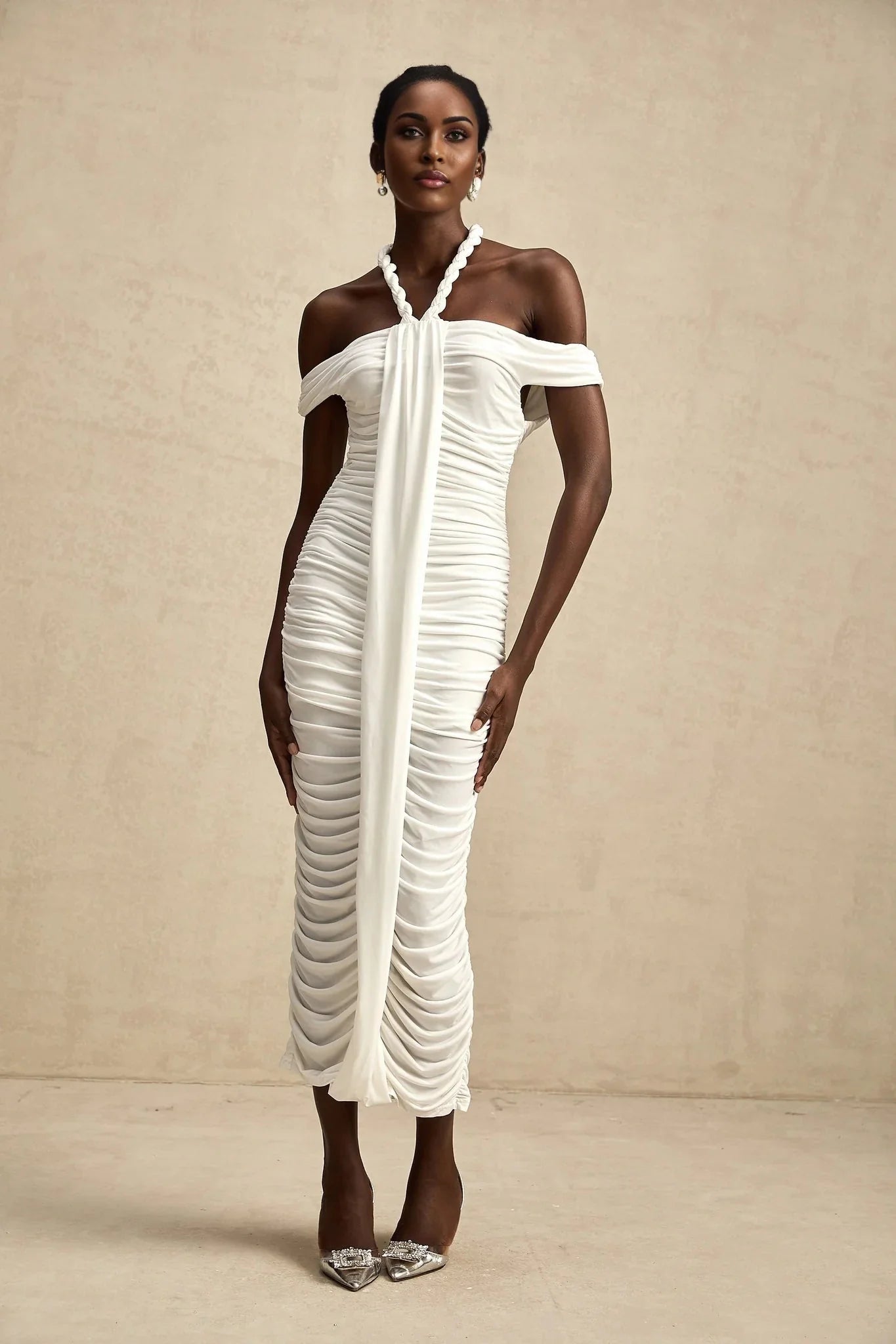 Ornella Midi Dress White Off - Shoulder Braid & Rope Detail