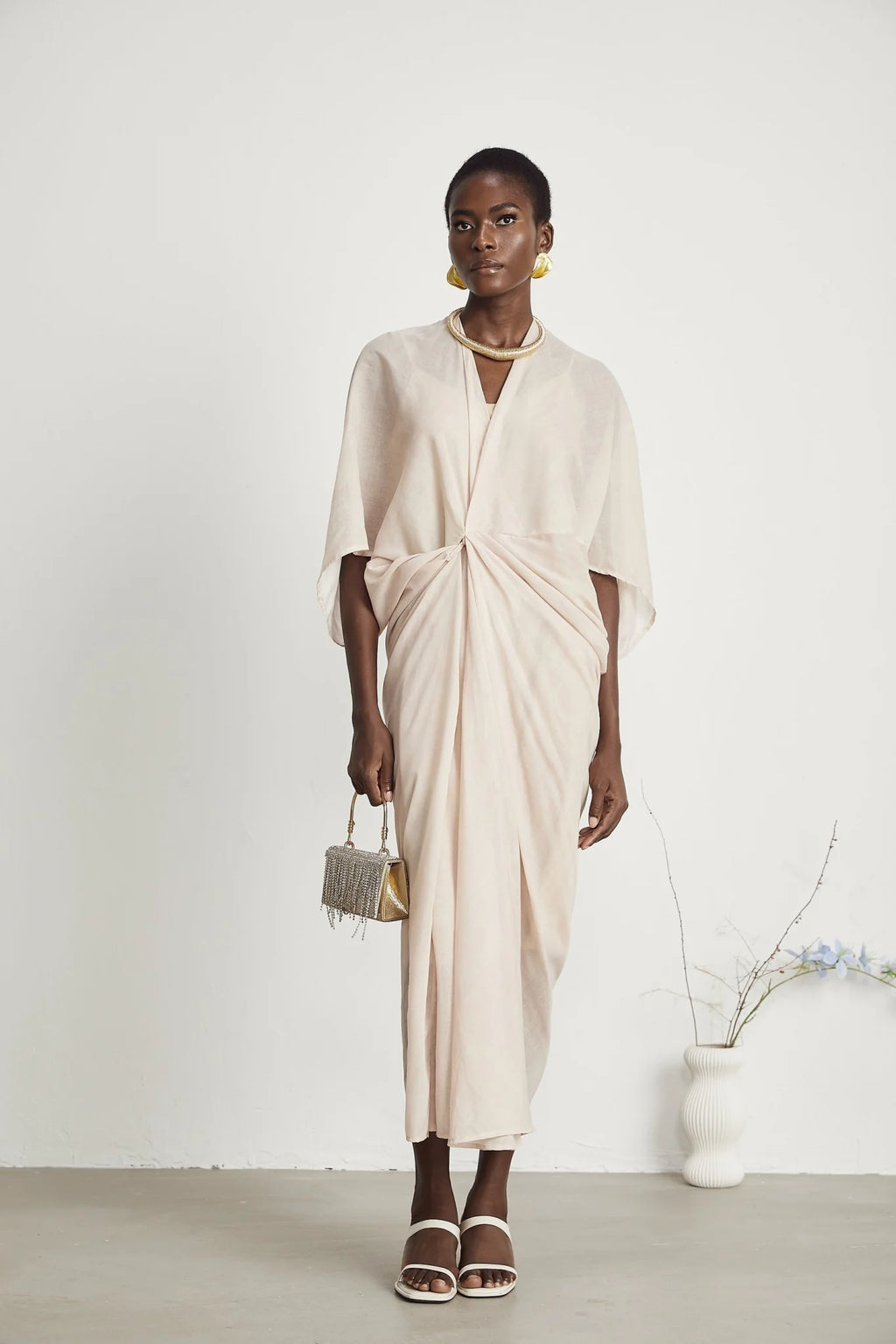 Ornella Neutral Deep V - Neck Midi Dress with Oversized Gathered Sleeves