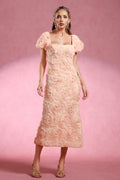 Ornella Peach Floral Roses Dress Squared Neckline Puff Sleeves Elegant Feminine Garden Party Evening Event