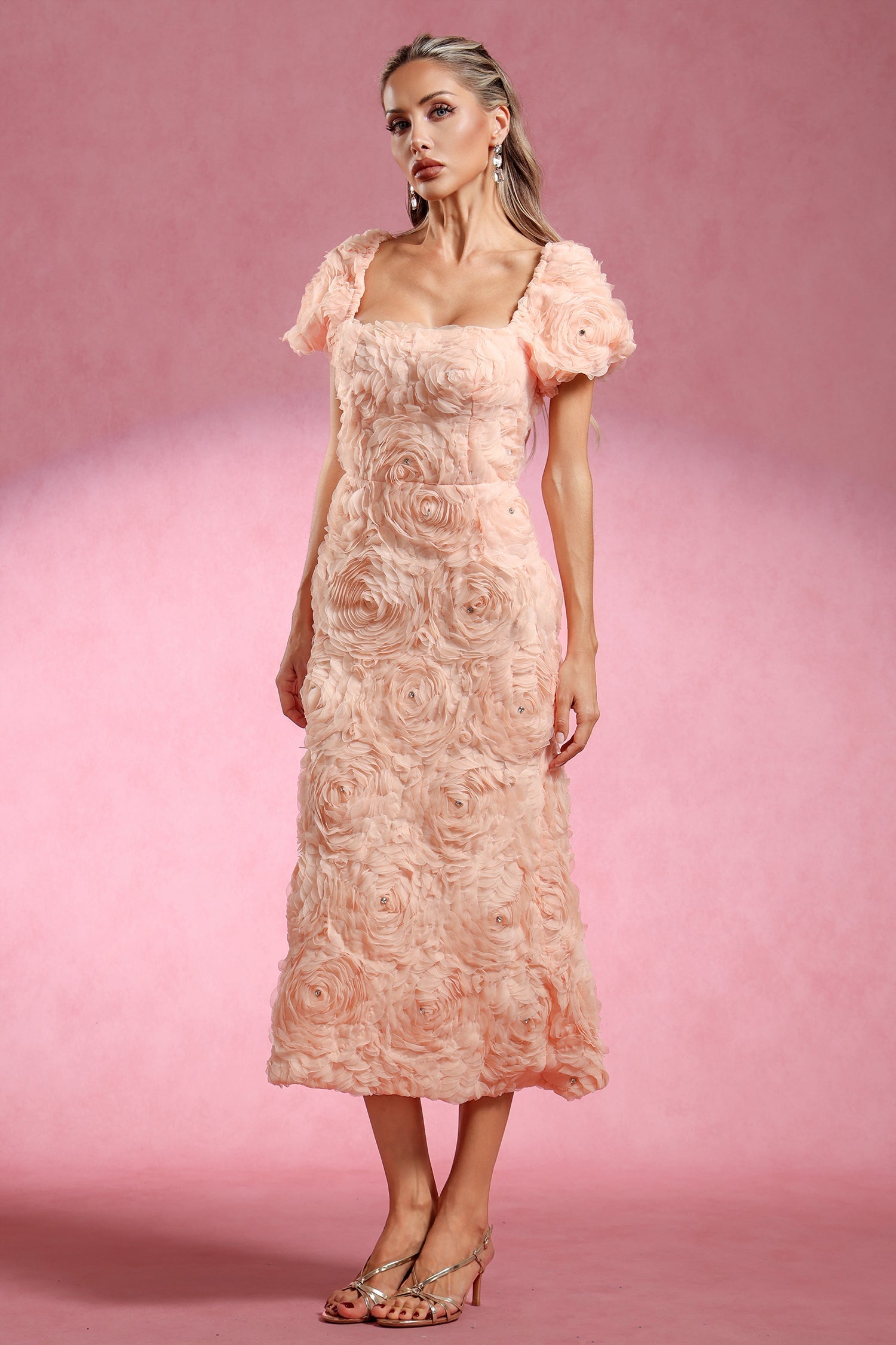 Ornella Peach Floral Roses Dress Squared Neckline Puff Sleeves Elegant Feminine Garden Party Evening Events Comfortable Silhouette Intricate Design Details