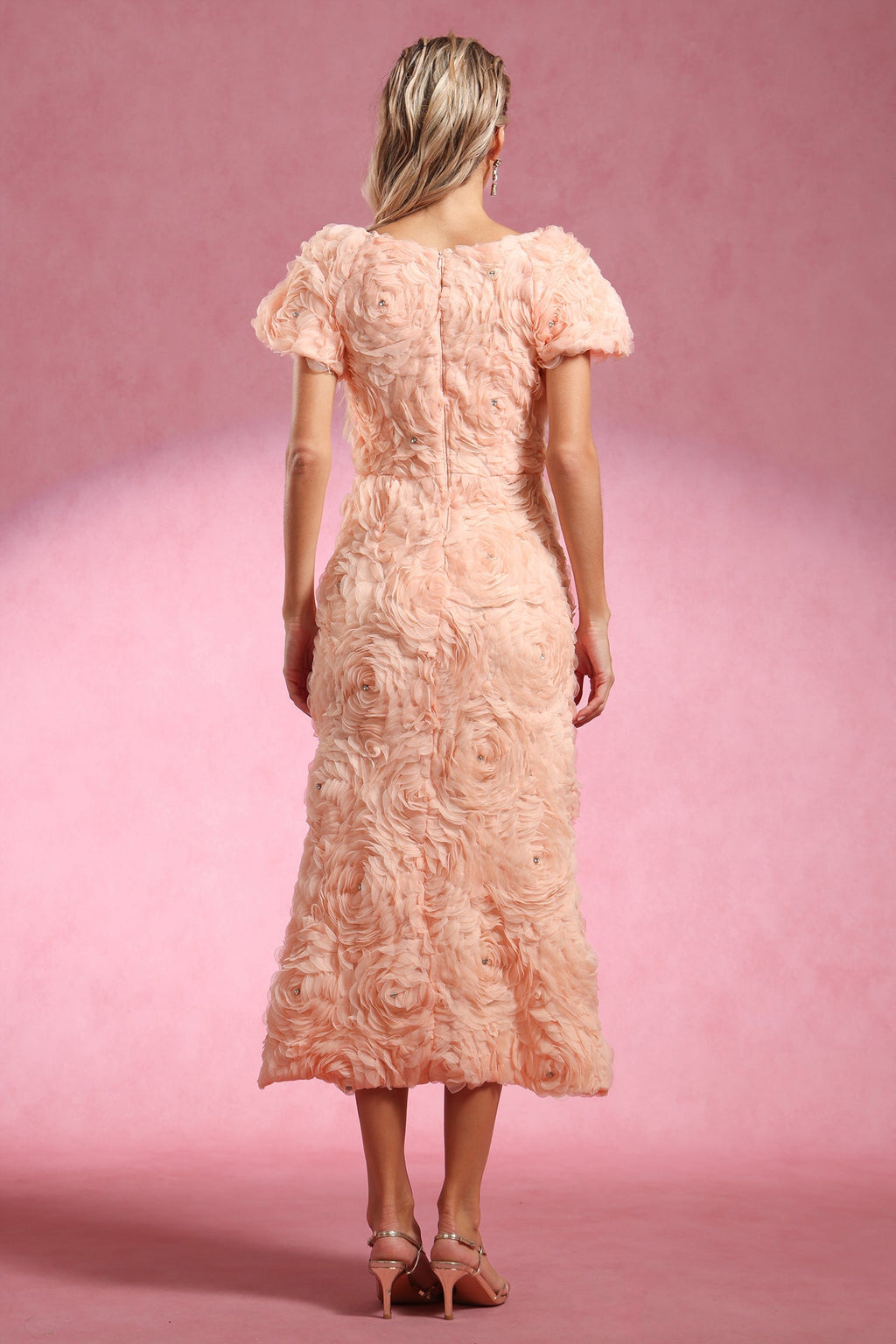 Ornella Peach Floral Roses Dress Square Neckline Puff Sleeves Elegant Feminine Garden Party Evening Event