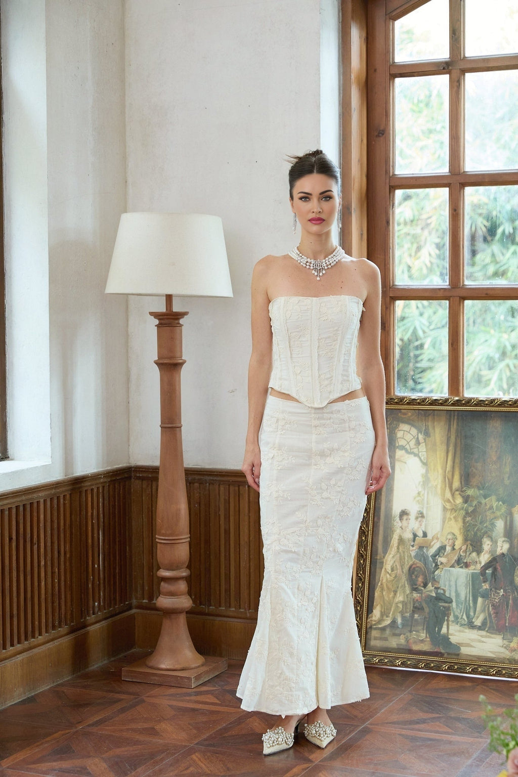 Ornella Skirt & Top Set White Embroidered Floral Corset Design