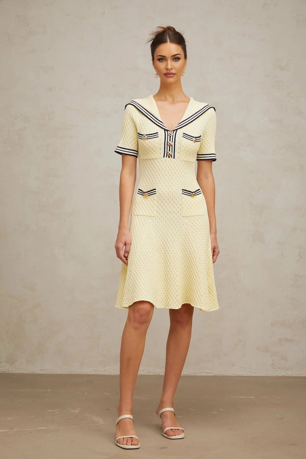 Paige Knitted Dress with Nautical Detail in Yellow