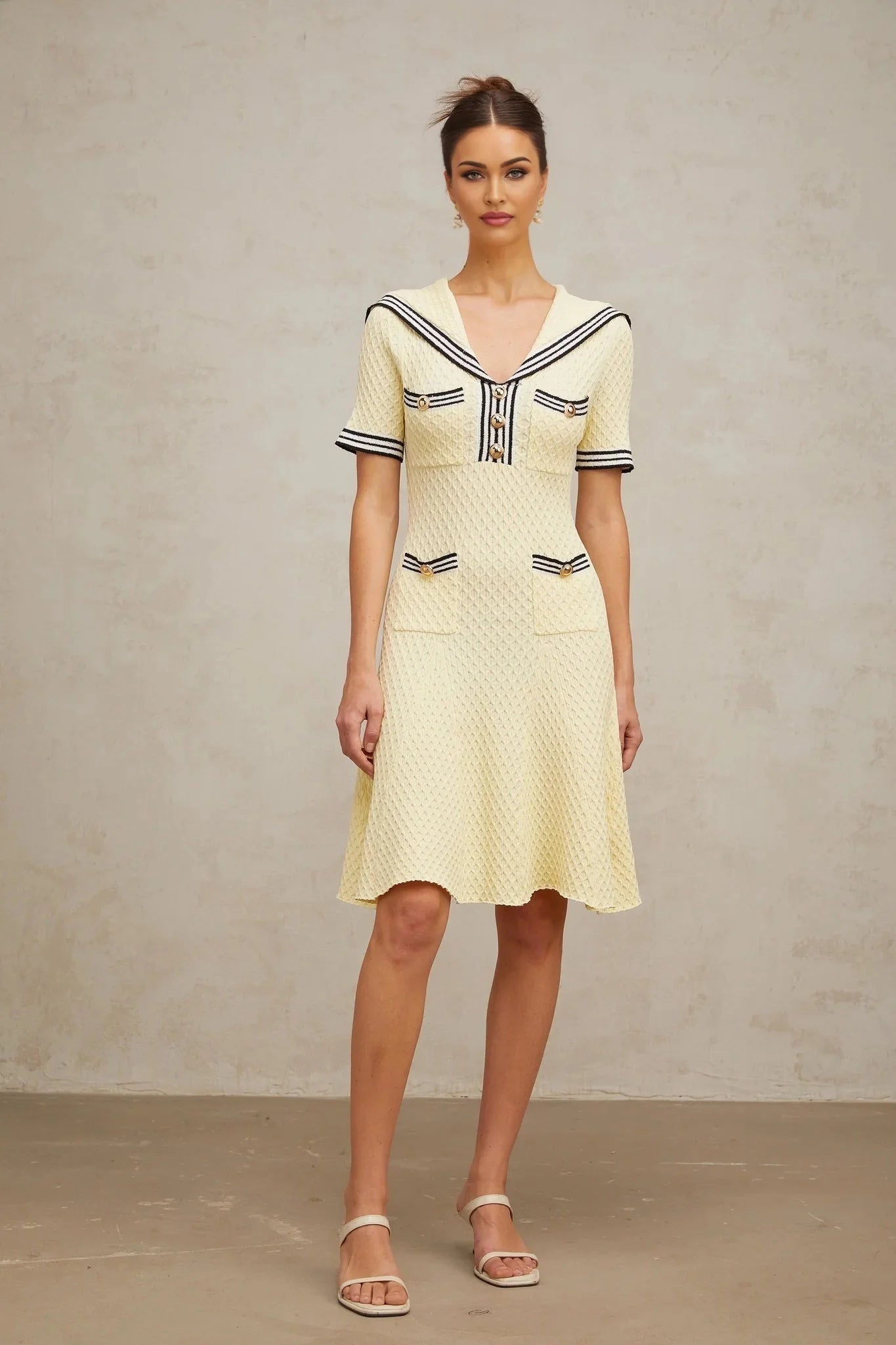 Paige Knitted Dress with Nautical Detail in Yellow